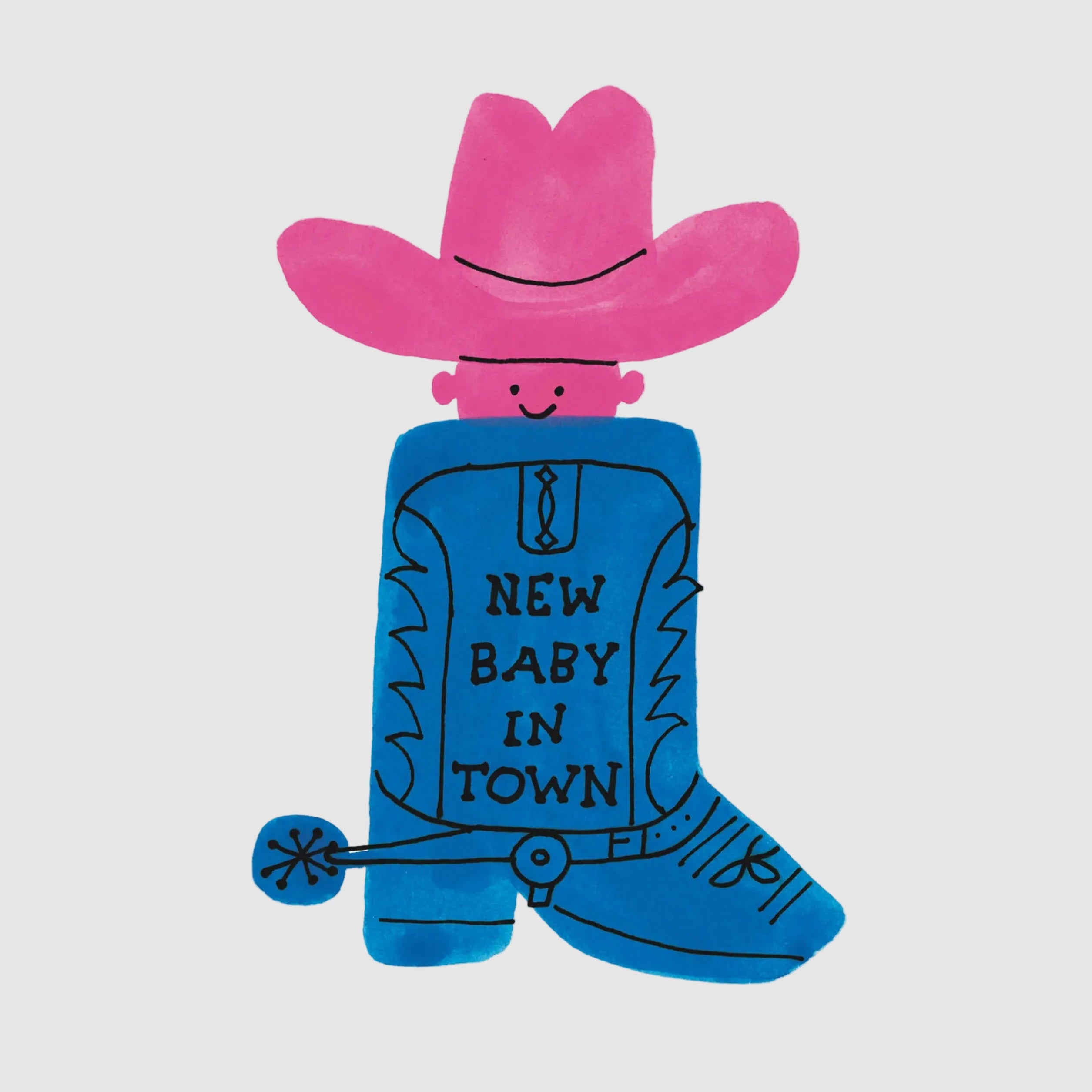 Card with a blue cowboy boot and pink cowboy hat, featuring 'New Baby in Town' text.