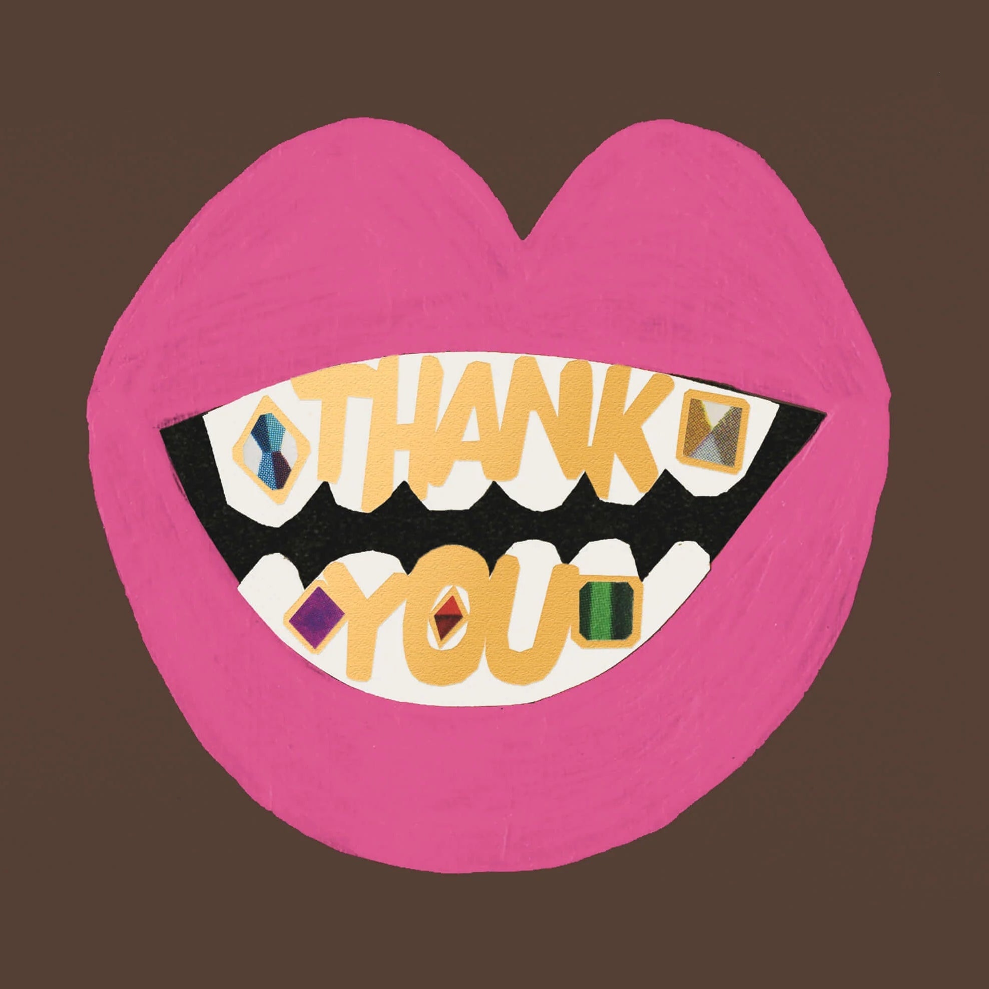 Card with pink lips and 'THANK YOU' text on a brown background