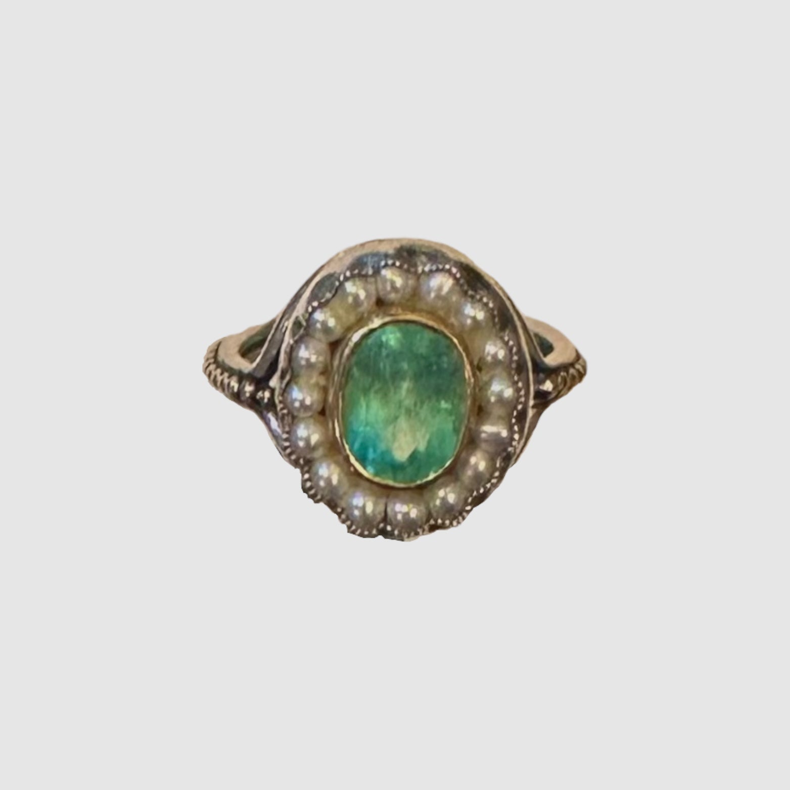 HEIRLOOM RING // SEED PEARLS // OVAL EMERALD