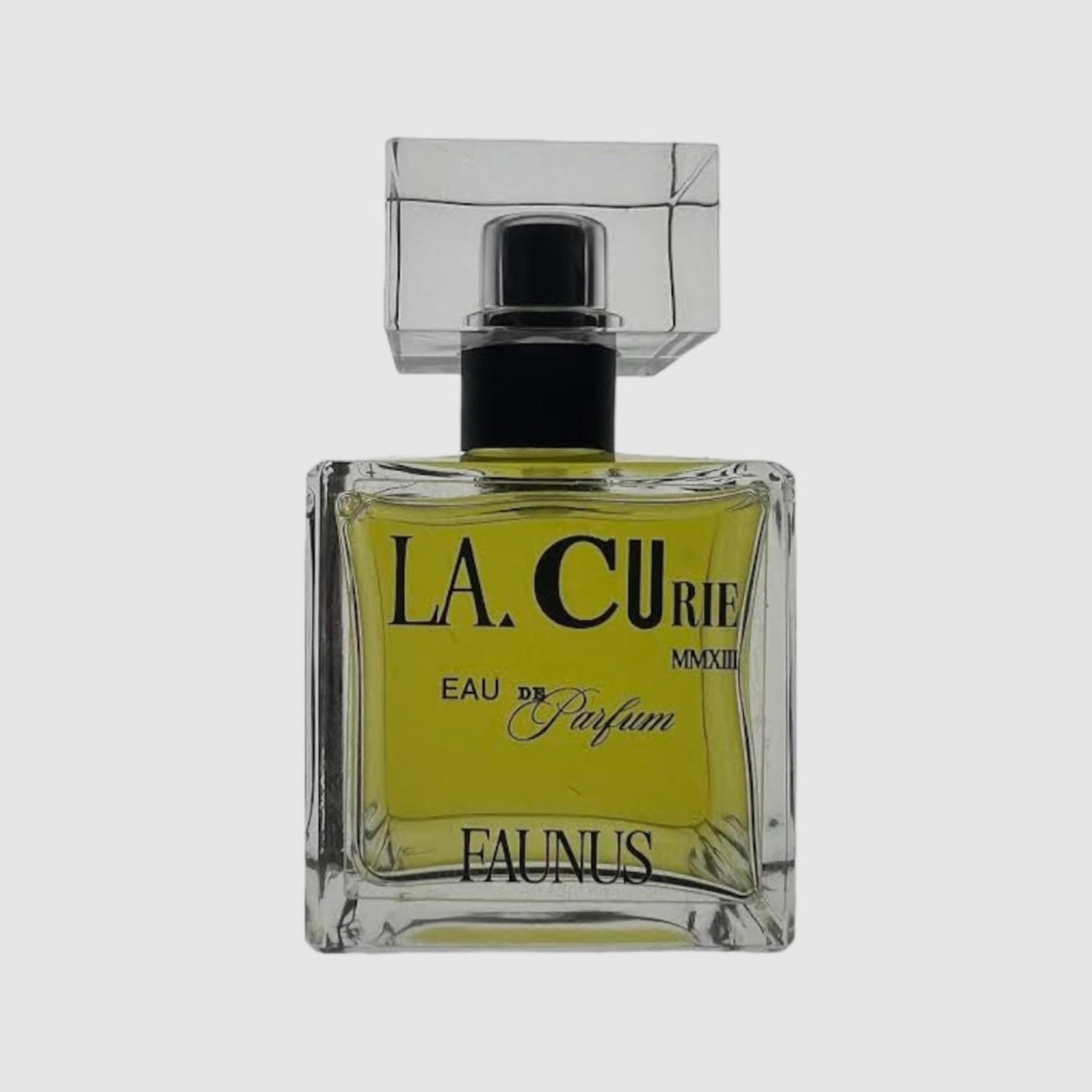 A square glass bottle of LA CURIE Eau de Parfum with a black cap. The label shows the brand name LA CURIE and the perfume name FAUNUS.