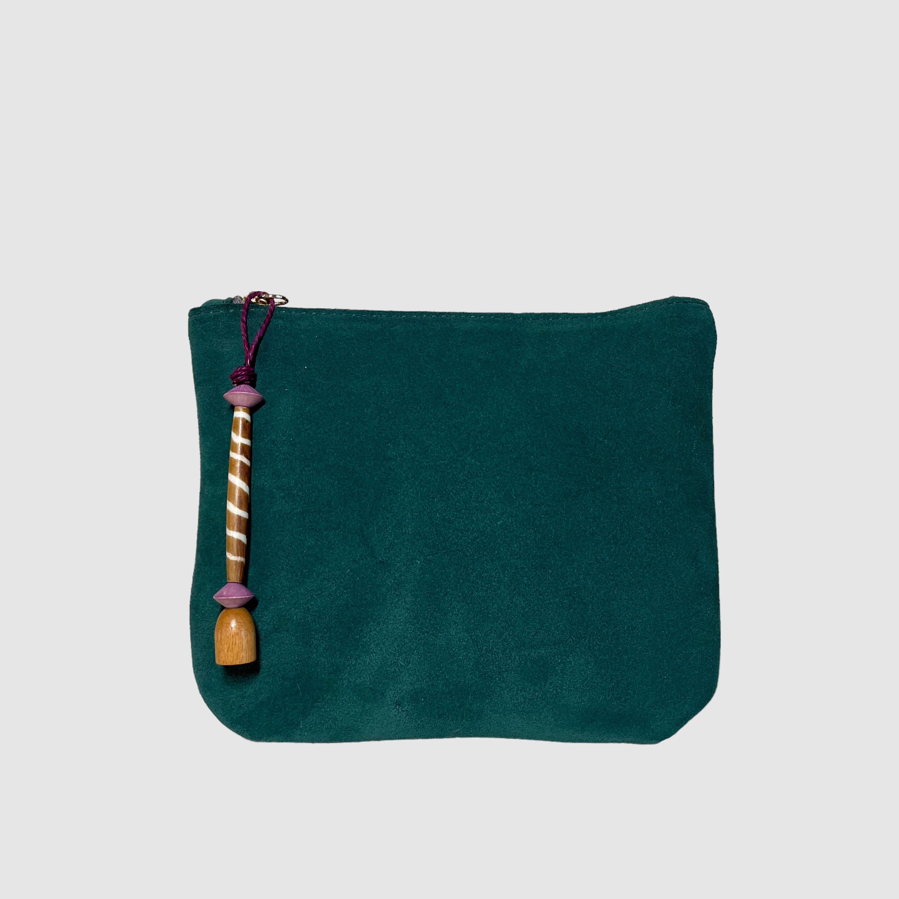 DEEP GREEN CLUTCH // BROWN AND  WHITE GLASS BEAD // SMALL