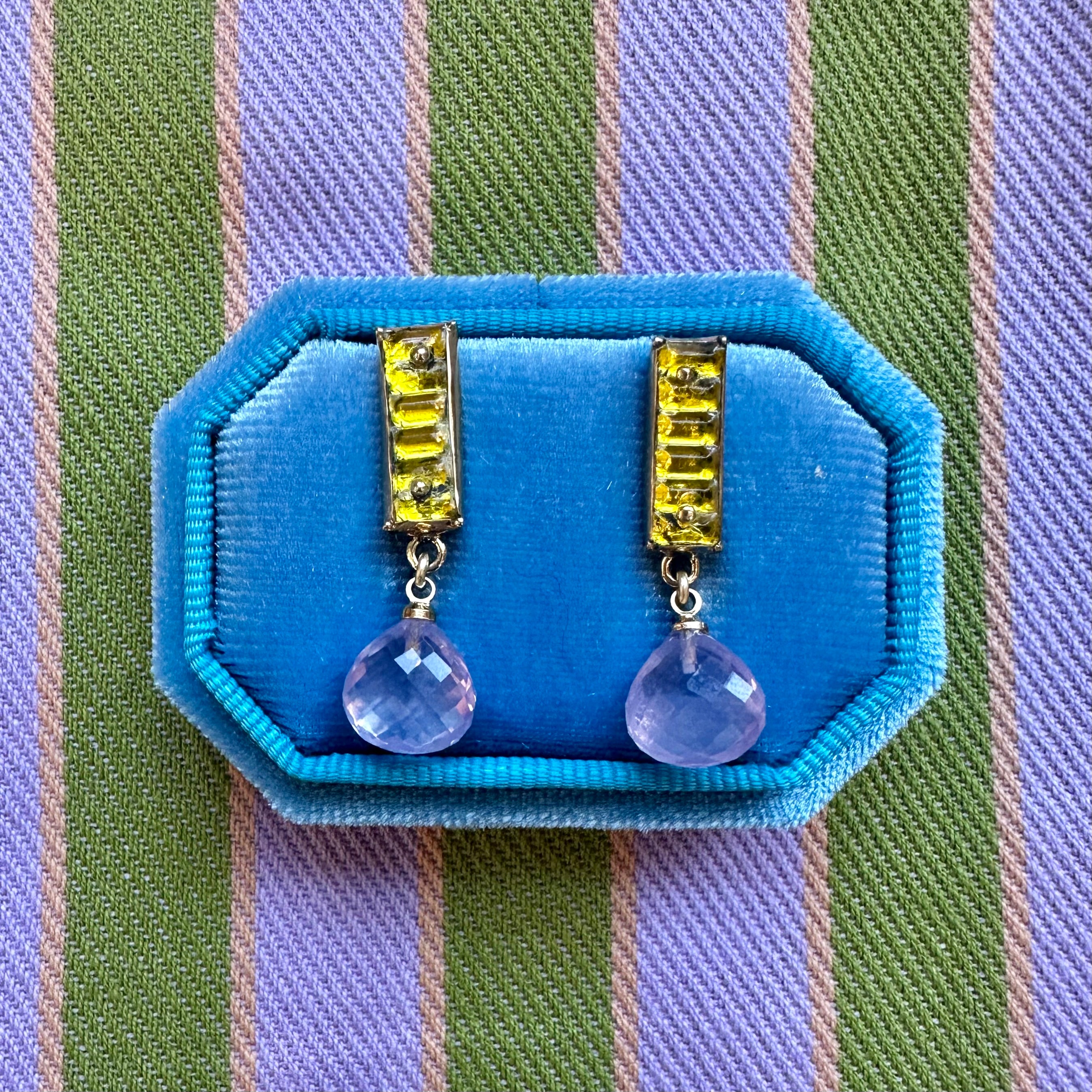 LAVENDER AMETHYST DROP // NEON YELLOW VINTAGE GLASS // STUD EARRINGS