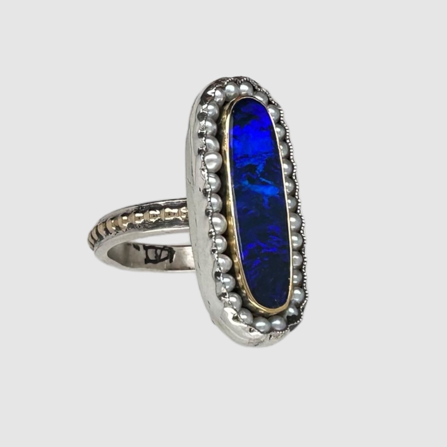 HEIRLOOM RING // PEARL //  BLUE BOULDER OPAL