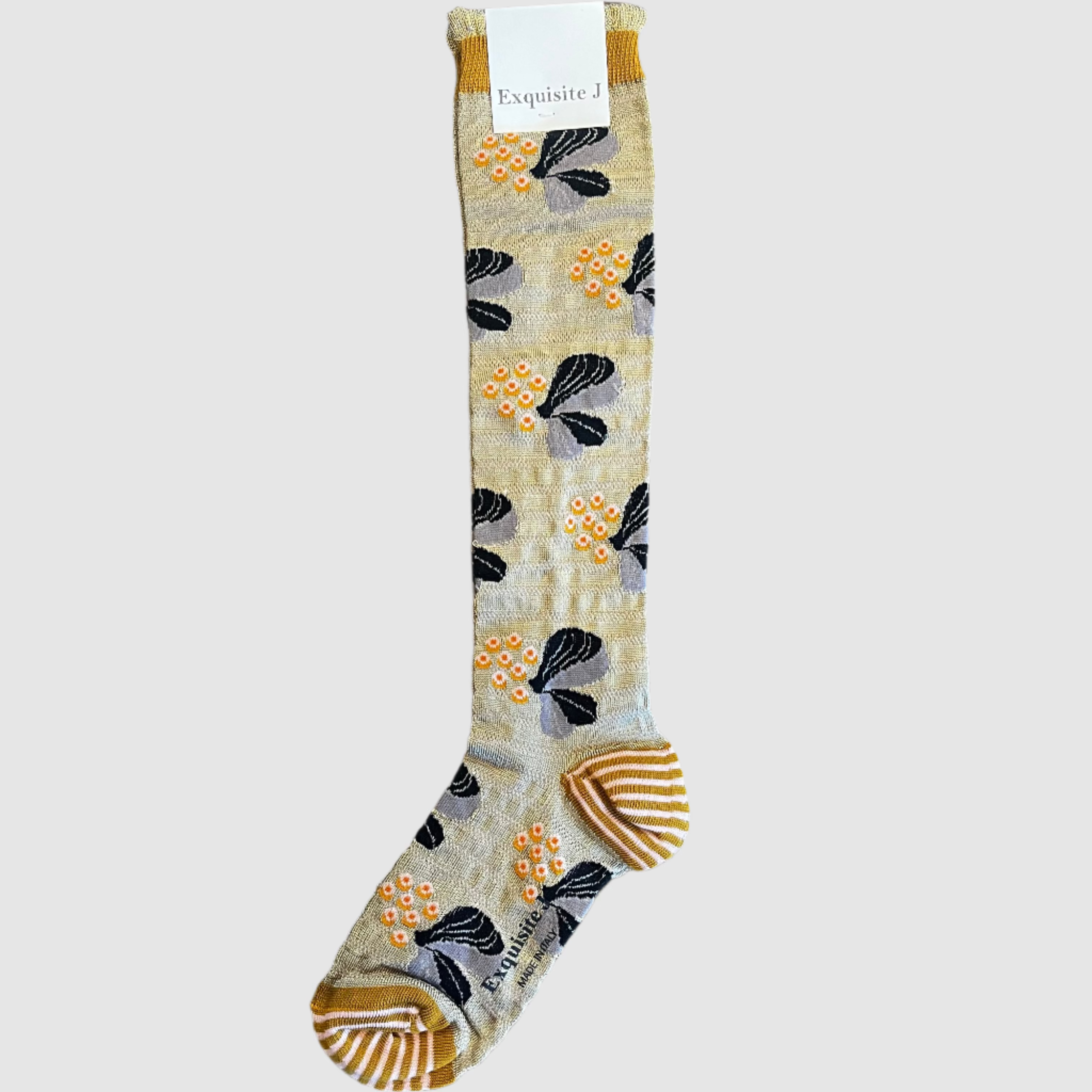 Floral-patterned sock on a light grey background