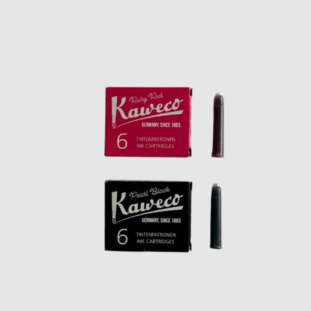 A KAWECO fountain pen in burgundy color, displayed with its cap off, showing the nib and the mint green body.