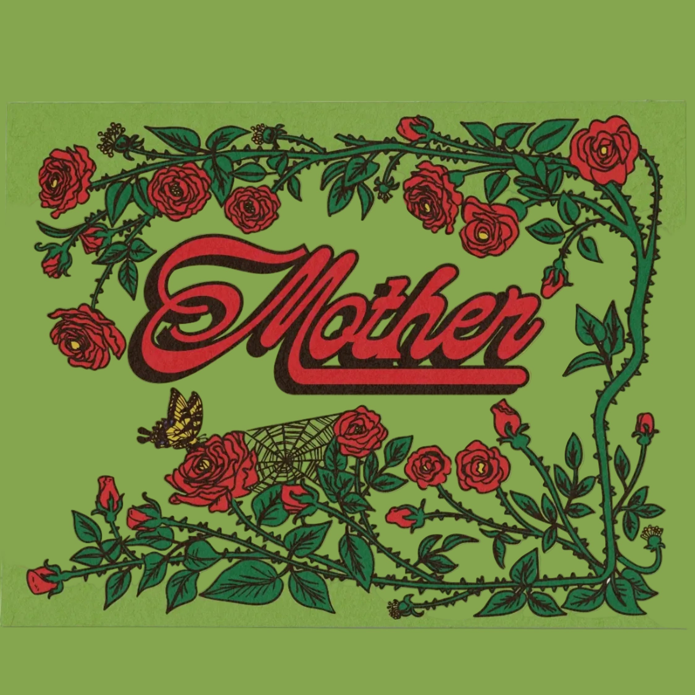 Greeting card with 'Mother' text and floral design on a green background