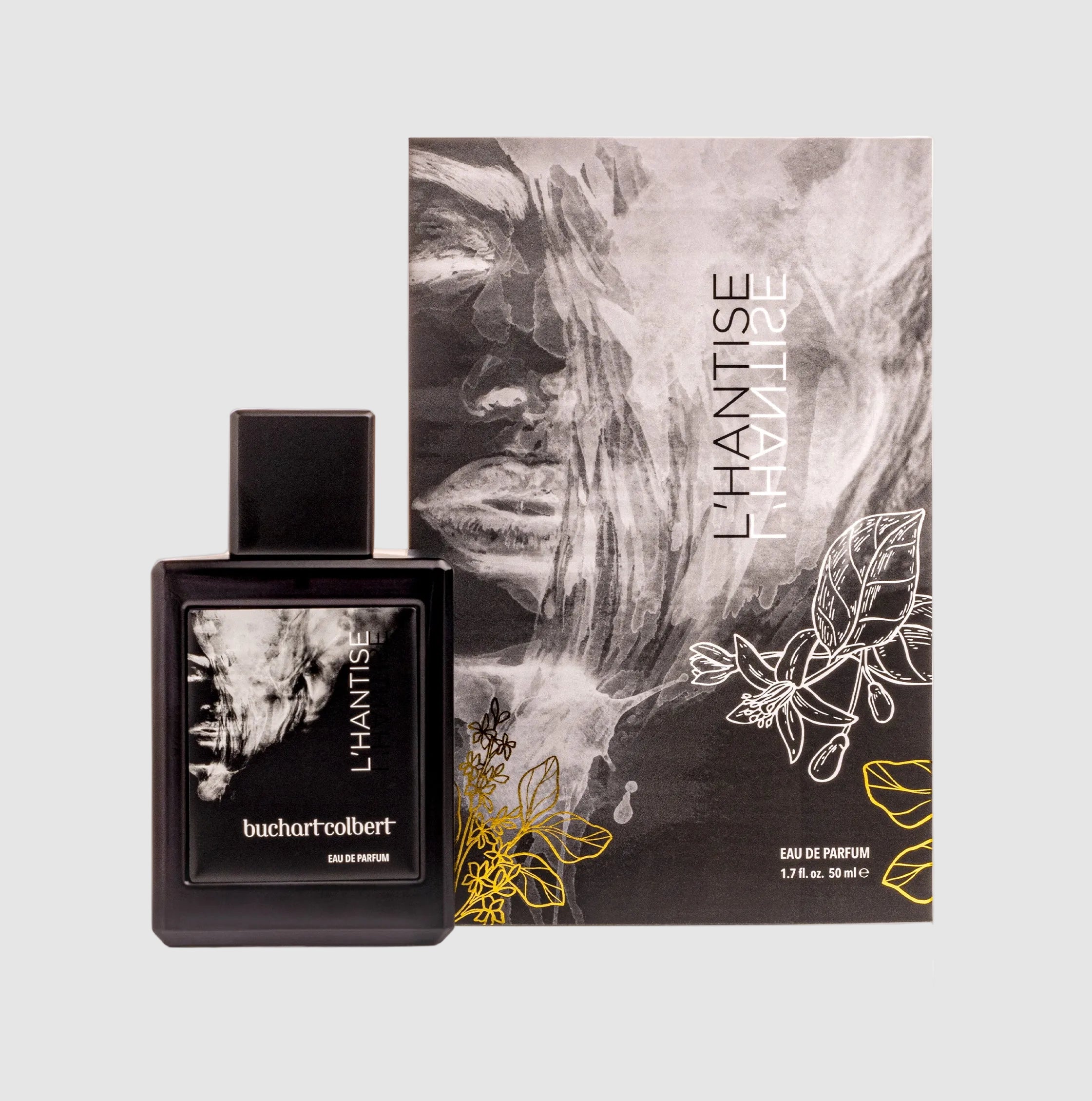 50ml Buchart Colbert Perfume bottle and packaging with 'L'HANTISE' branding on a light grey background