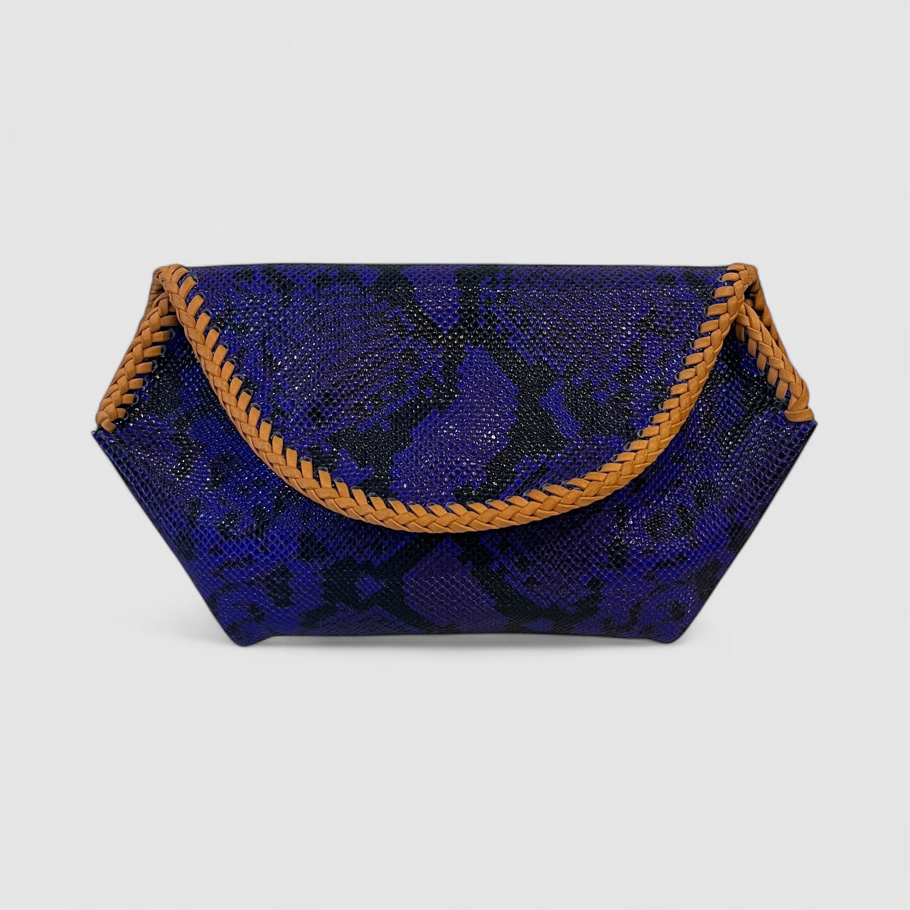 purple and black leather with python embossing with cream orange leather braiding around the edge with teal suede lining and magnetic snap closure