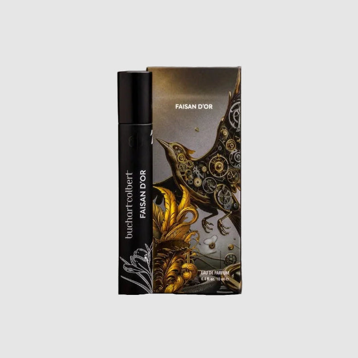 10mL Perfume bottle with 'buchartcolbert' Faisan d'Or branded packaging featuring a phoenix made of gears on a light grey background