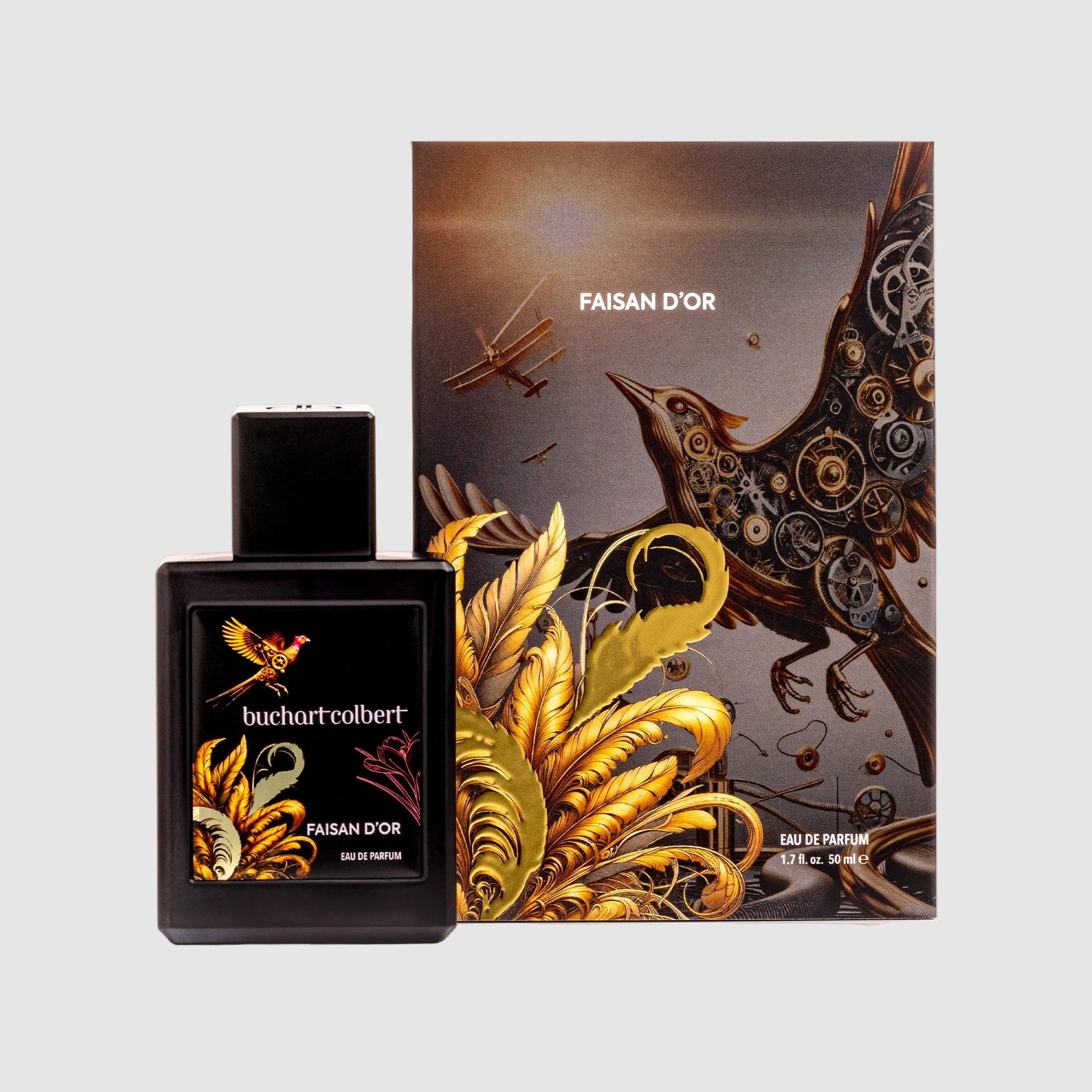 50mL Perfume bottle with 'buchartcolbert' Faisan d'Or branding featuring a phoenix made of gears on a light grey background