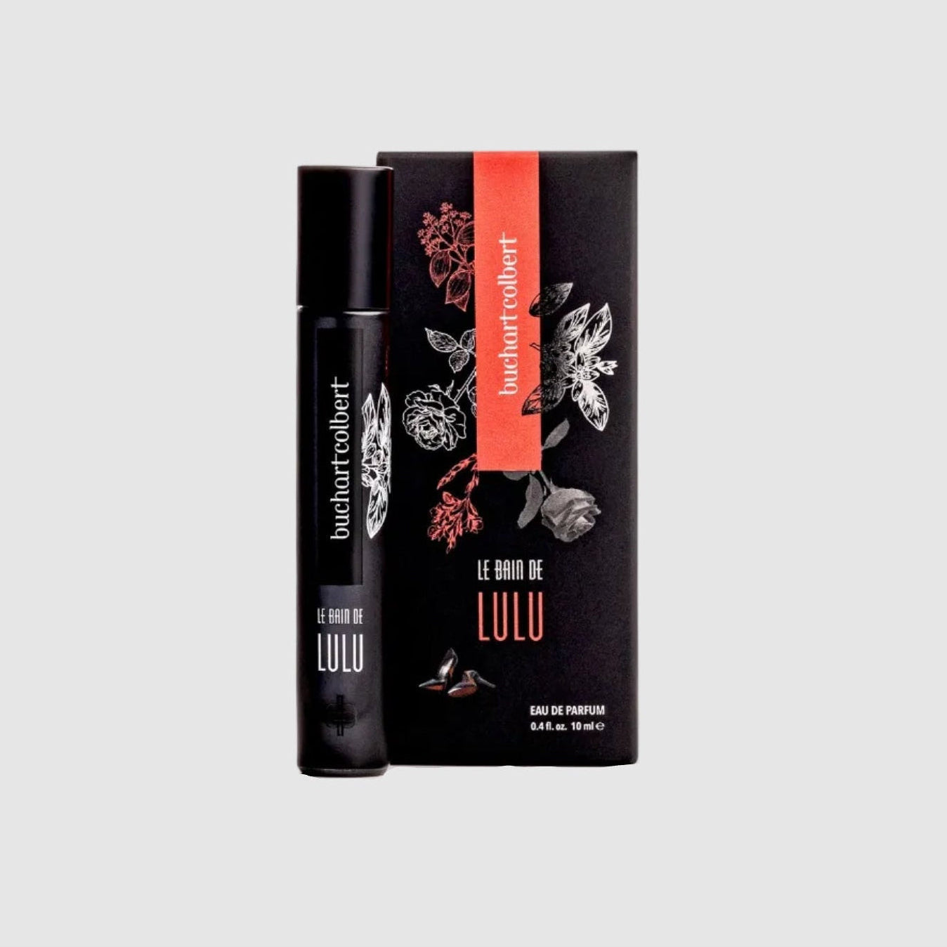 Buchart Colbert, 10ml perfume bottle and packaging labeled 'Le Bain De Lulu' on a light gray background
