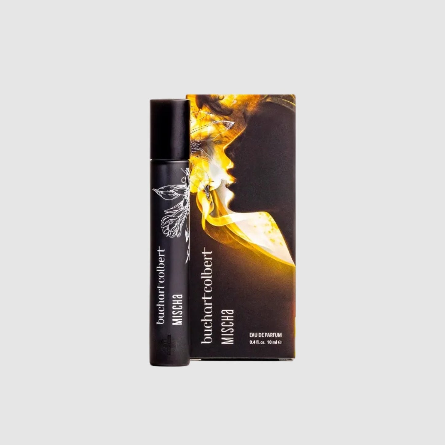 Buchart Colbert, 10ml perfume bottle and packaging labeled 'Mischa' on a light gray background