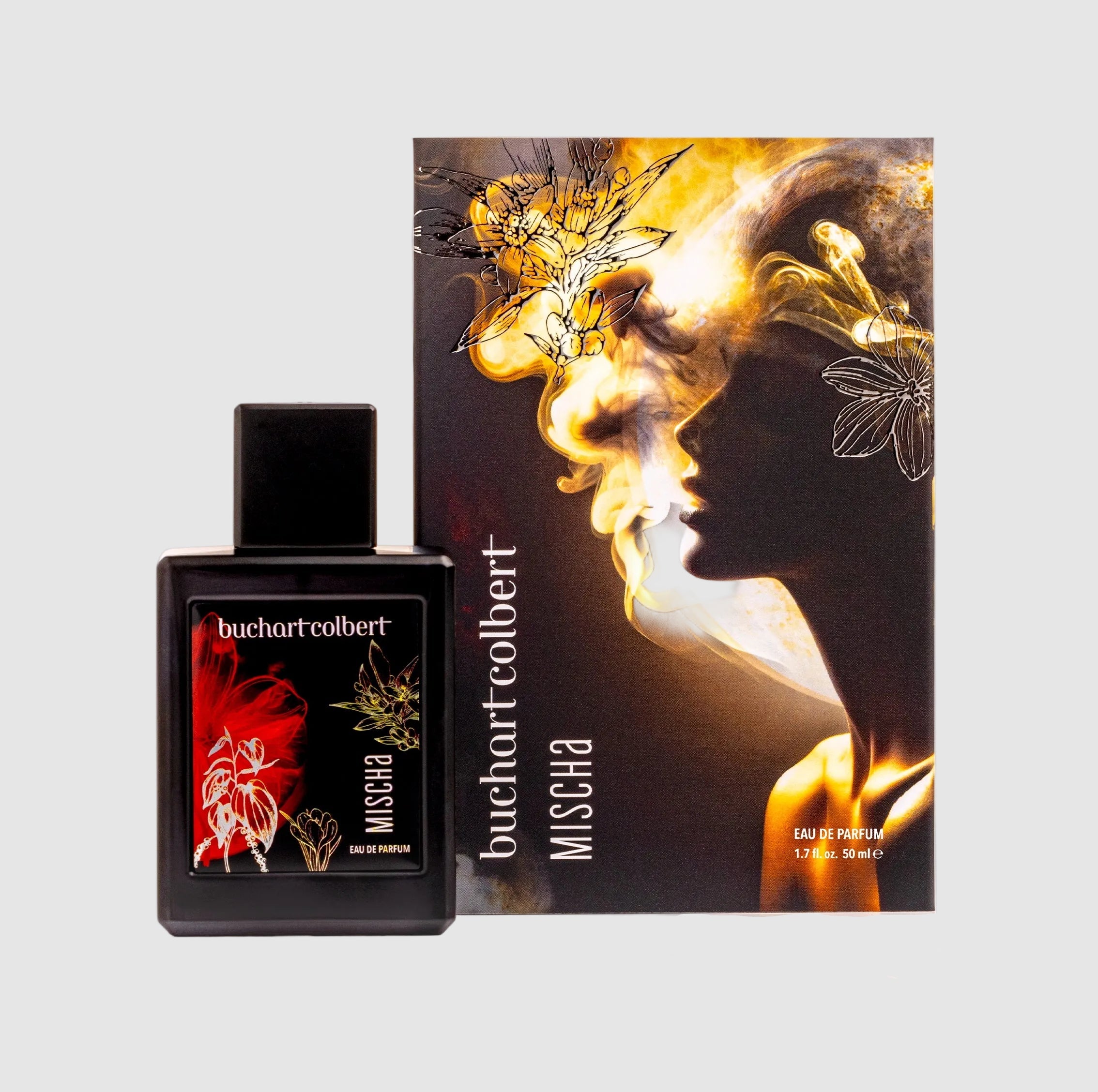 Buchart Colbert, 50ml perfume bottle and packaging labeled 'Mischa' on a light gray background