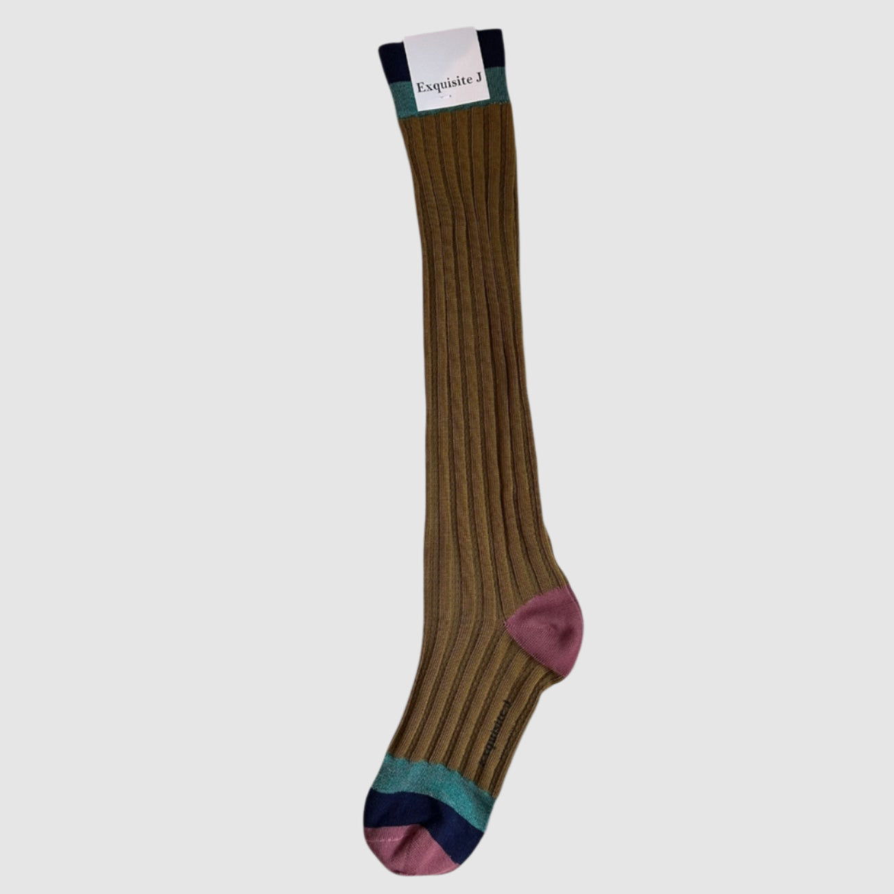 Brown sock with colorful accents on a light gray background