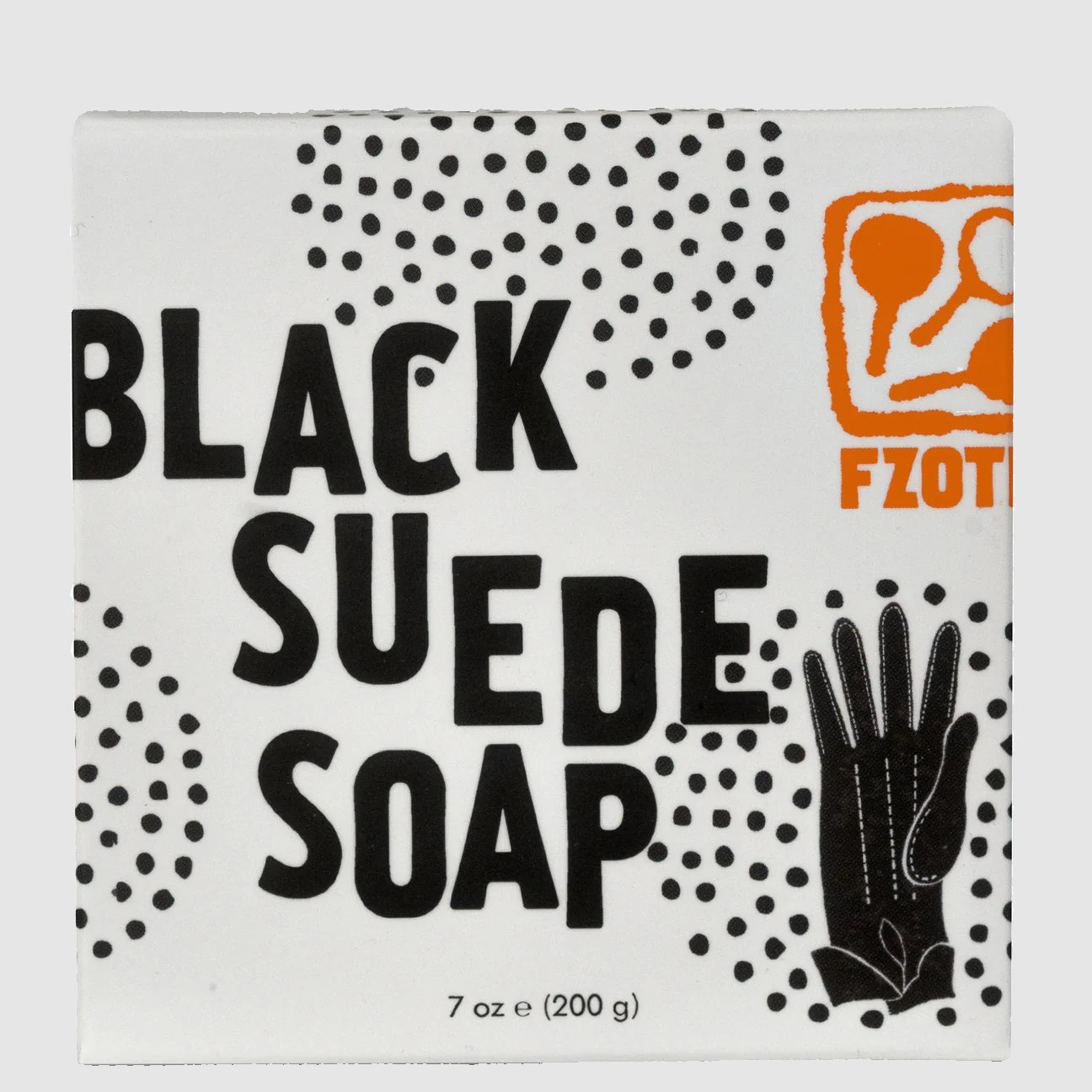 Box of handmade Black Suede bar Soap with FZOTIC branding on a light grey background