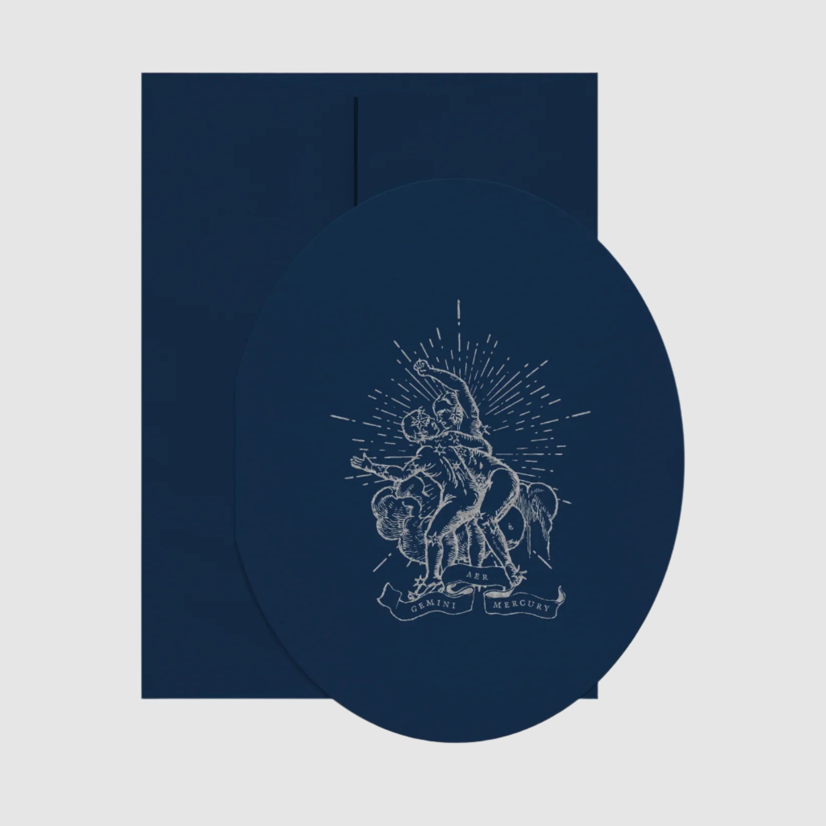Navy blue circular product with white graphic design on a white background
