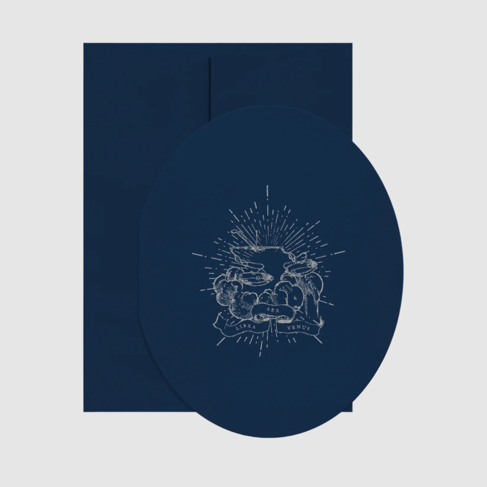 Navy blue circular product with white emblem on a white background