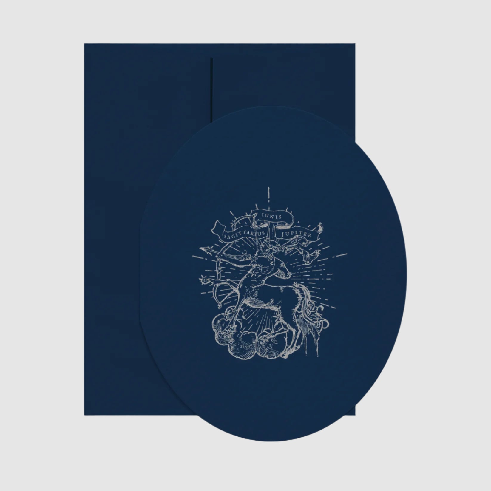 Navy blue vinyl record with white graphic design on a white background