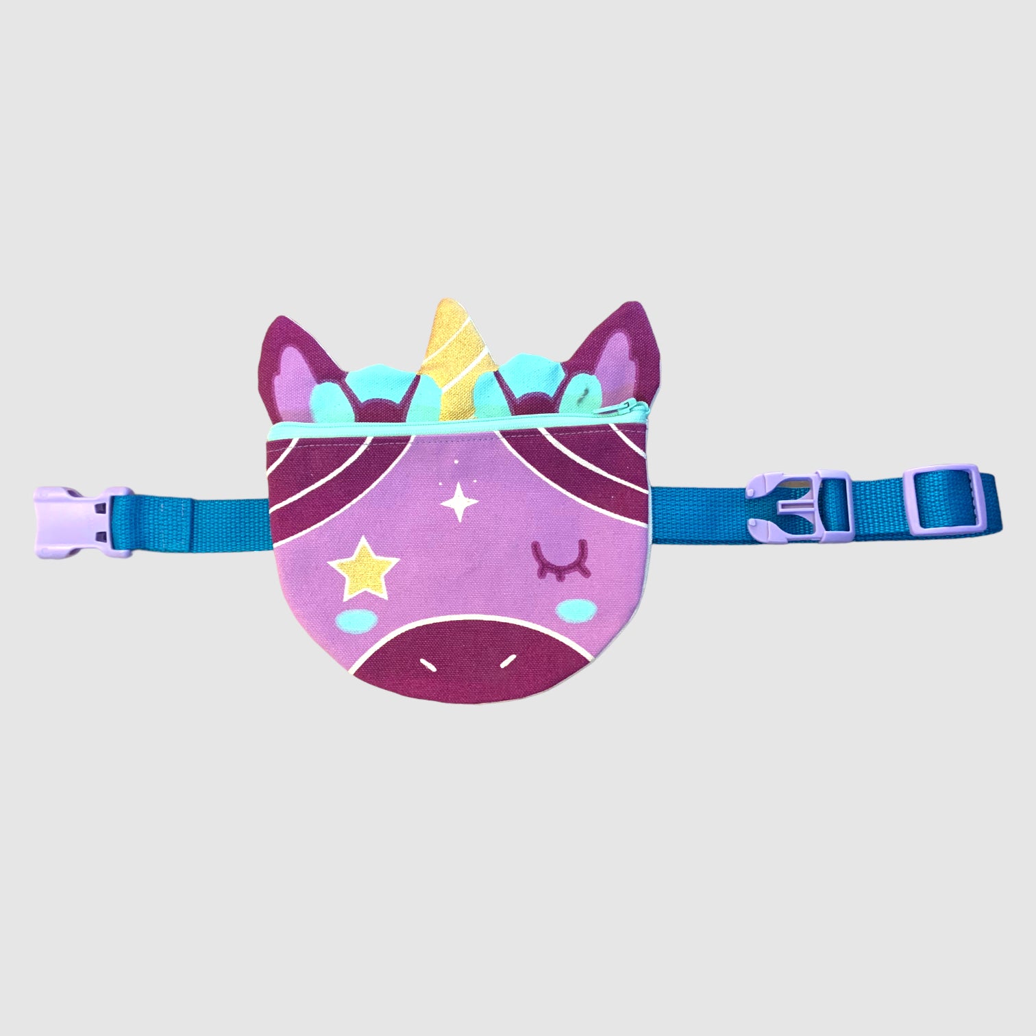 Front view of a Lovelane 'unicorn belt bag' on a light grey background