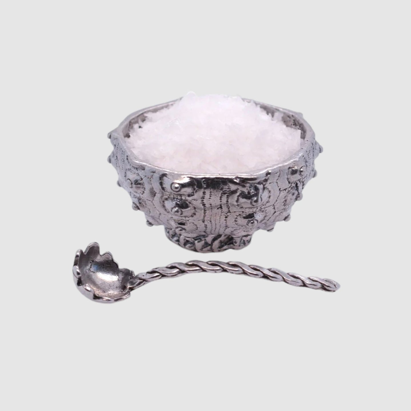 A small pewter bowl with a sea urchin pattern and a matching mini spoon, both items are silver in color.