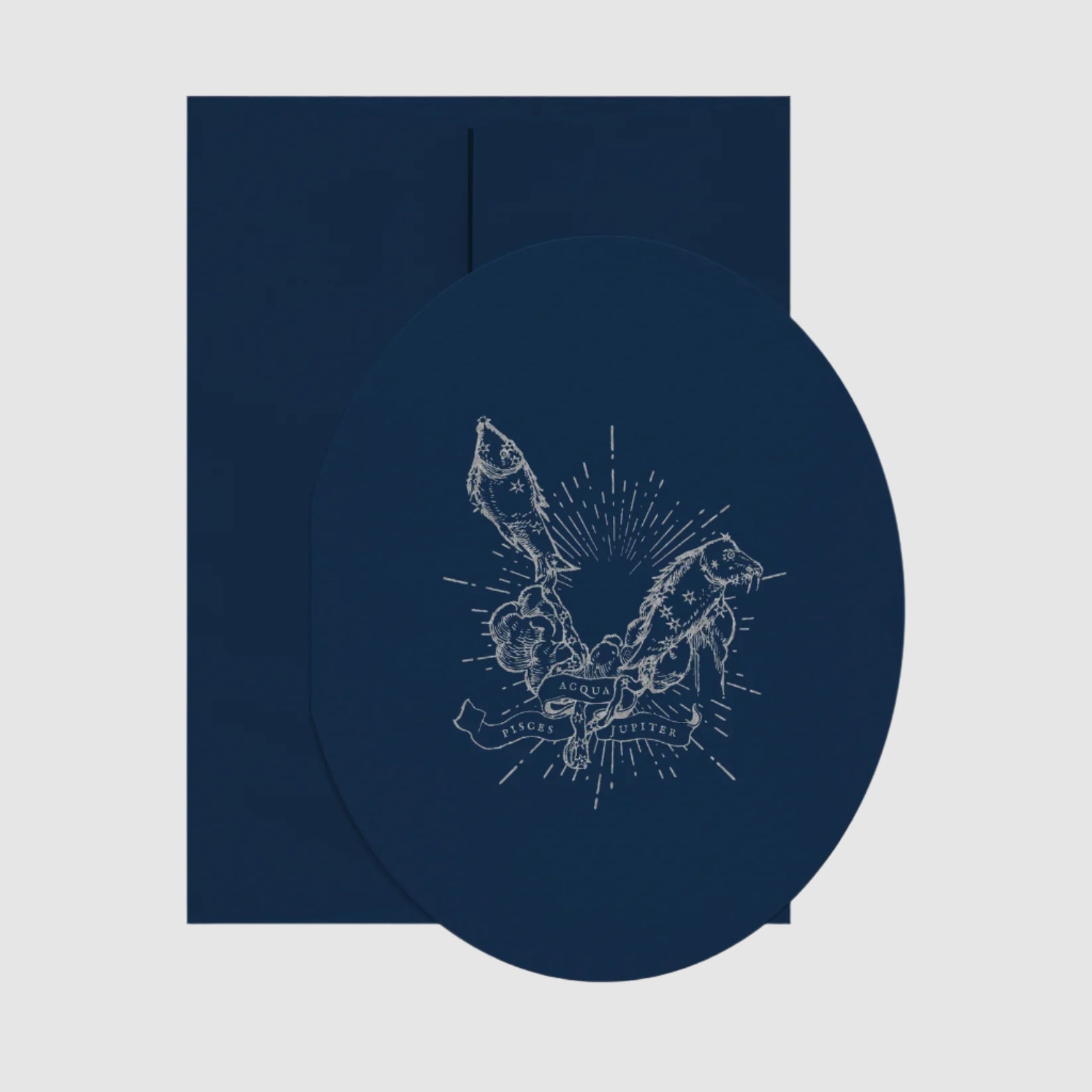 Navy blue circular product with white graphic design on a white background