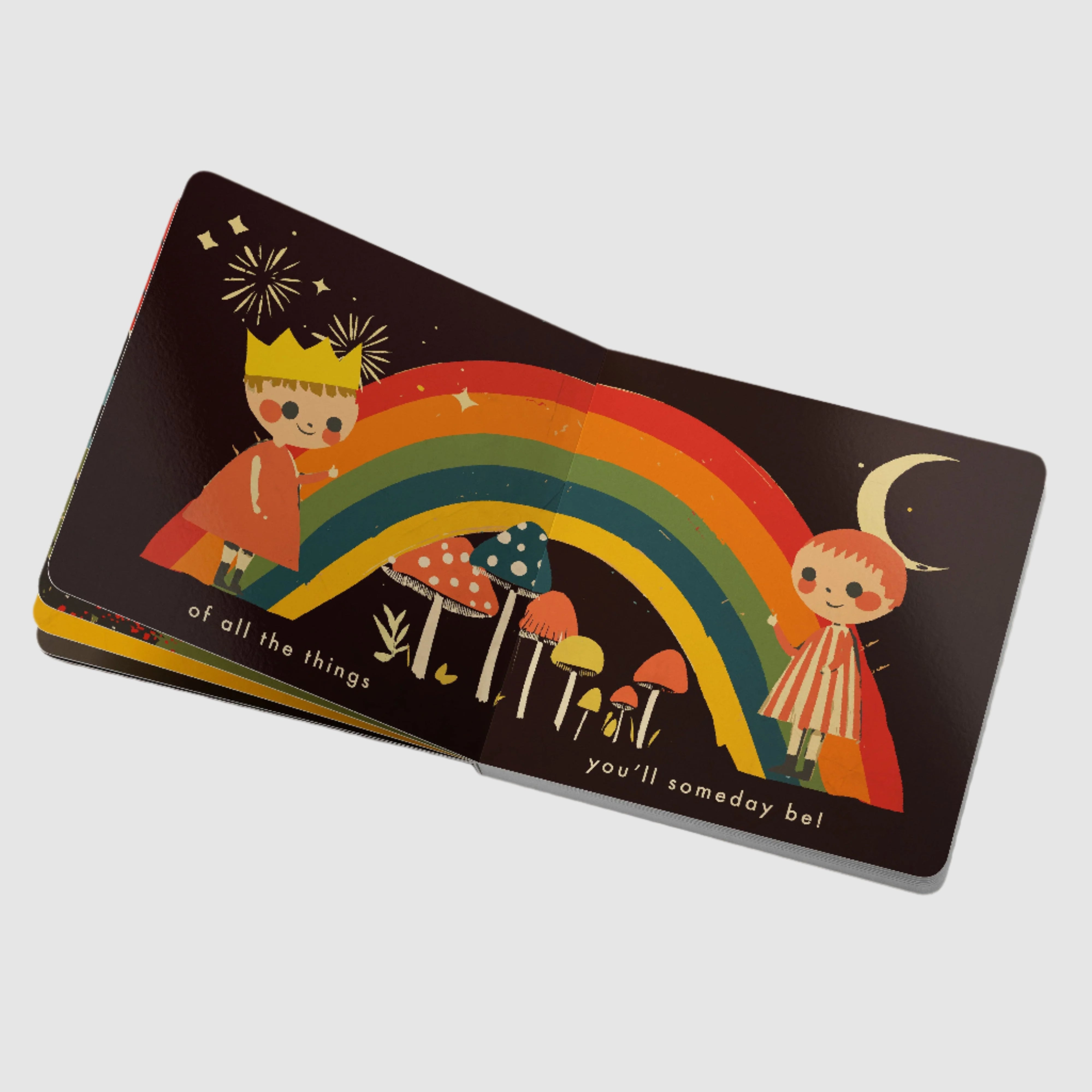 Children's book with illustrations of a boy and girl under a rainbow on a beige background
