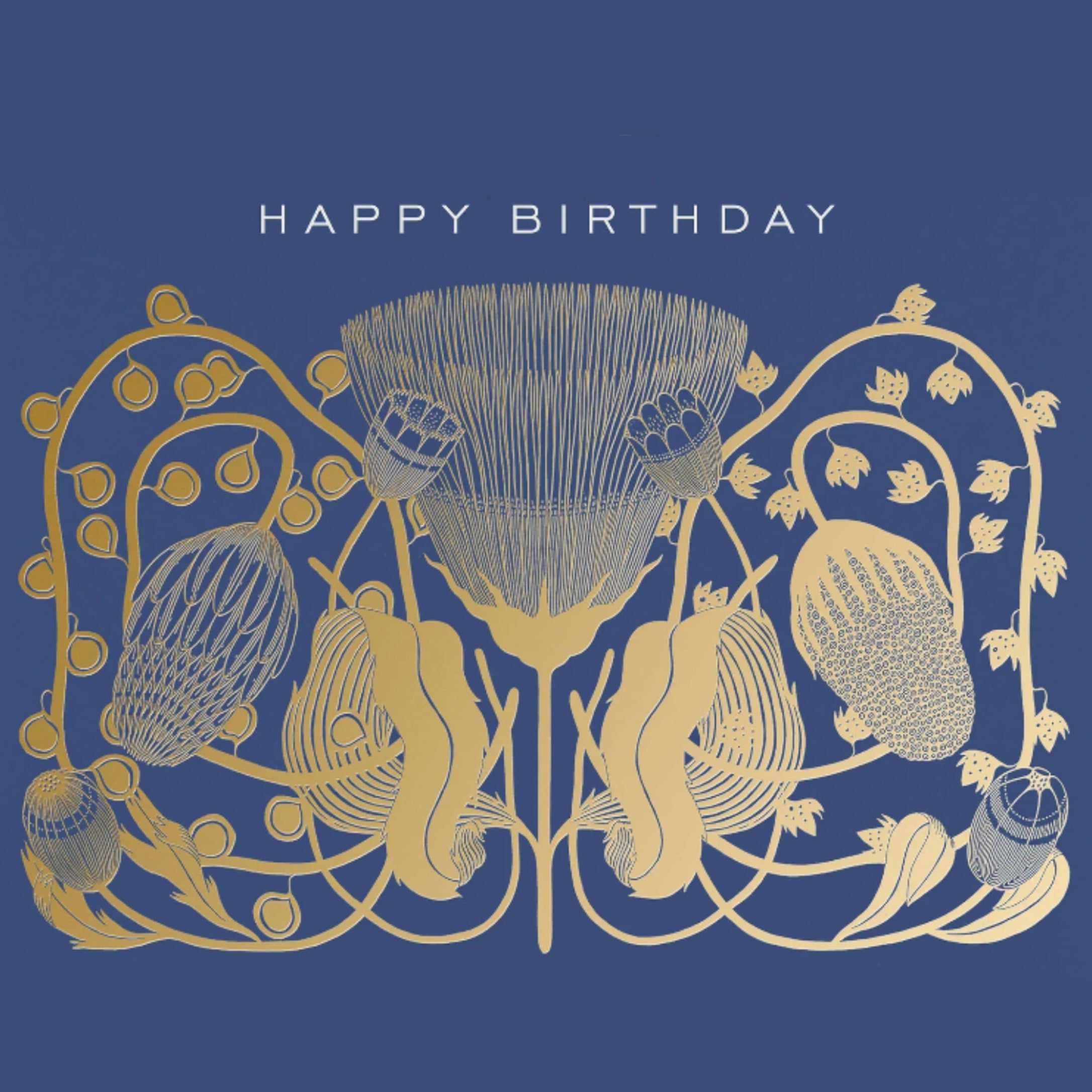 Front view of a greeting cardreading "HAPPY BIRTHDAY" in gold foil across top. A symetrical, abstract design in gold foil below.