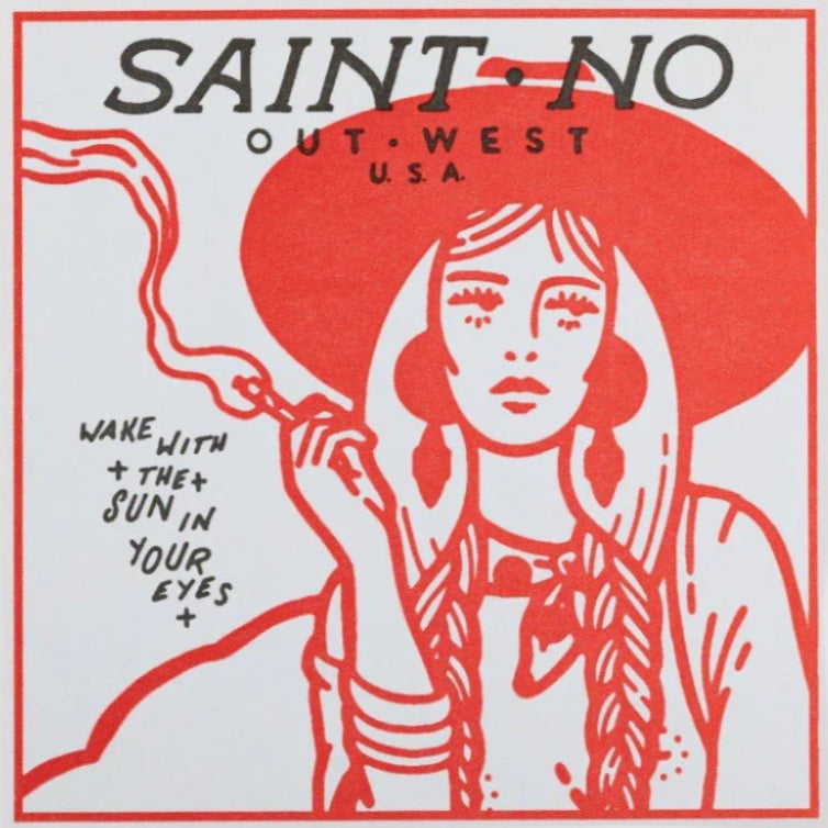 Matches with a design of a woman in a red hat and text 'SAINT NO Out West USA' on a white background.