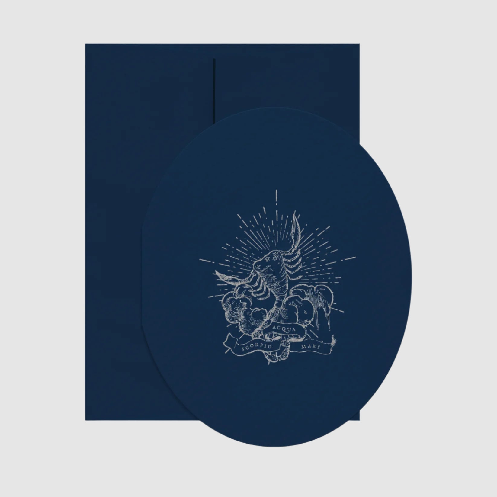 Navy blue circular mat with white unicorn design on a white background