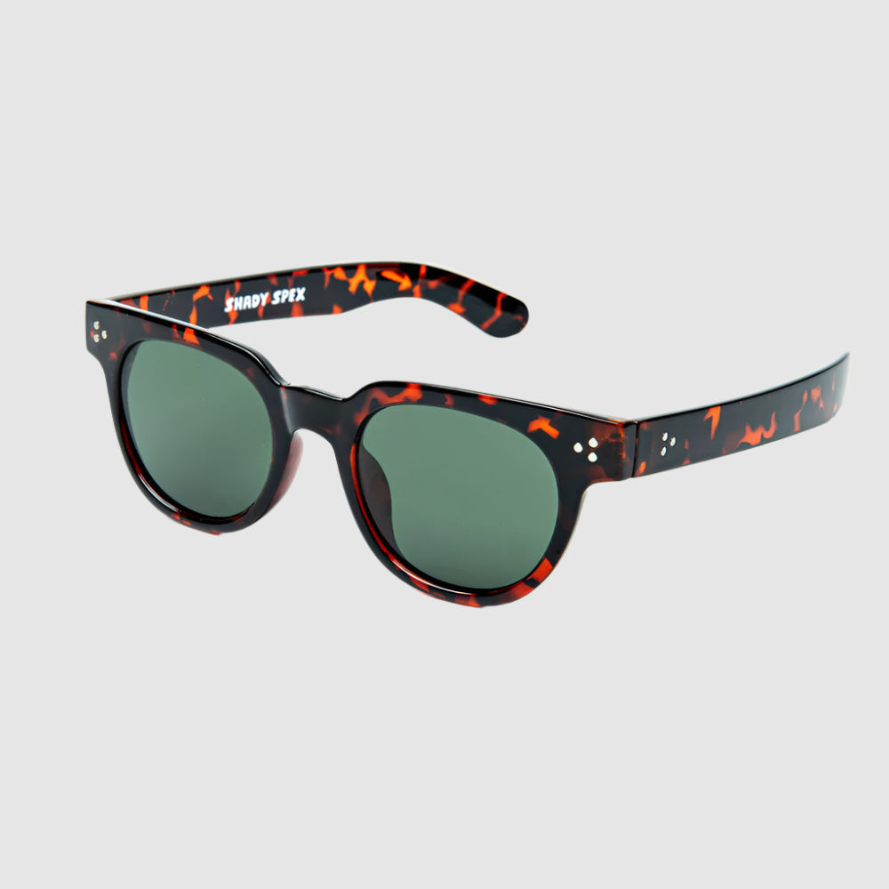 Angled, front view of tortoise and black, 'Human Being' style, Shady Spex sunglasses on a light grey background.