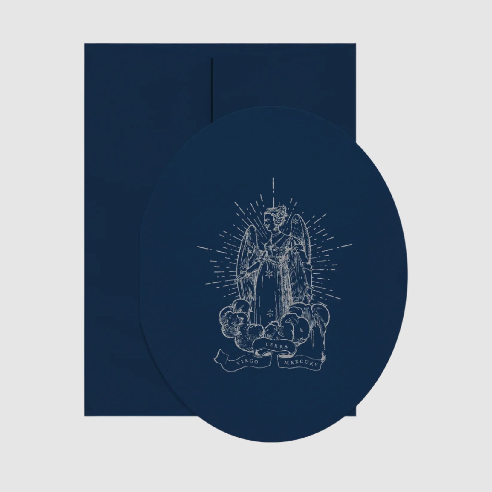 Navy blue circular product with white angel illustration on a white background