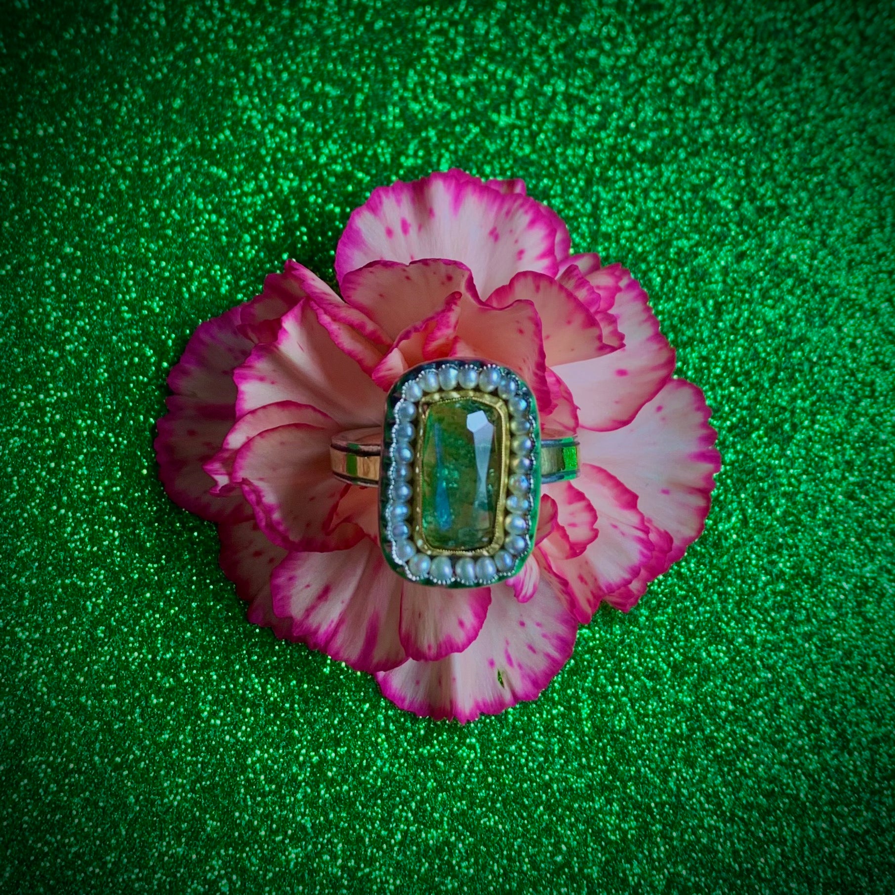 HEIRLOOM RING // PEARL // ROSE CUT GREEN TOURMALINE