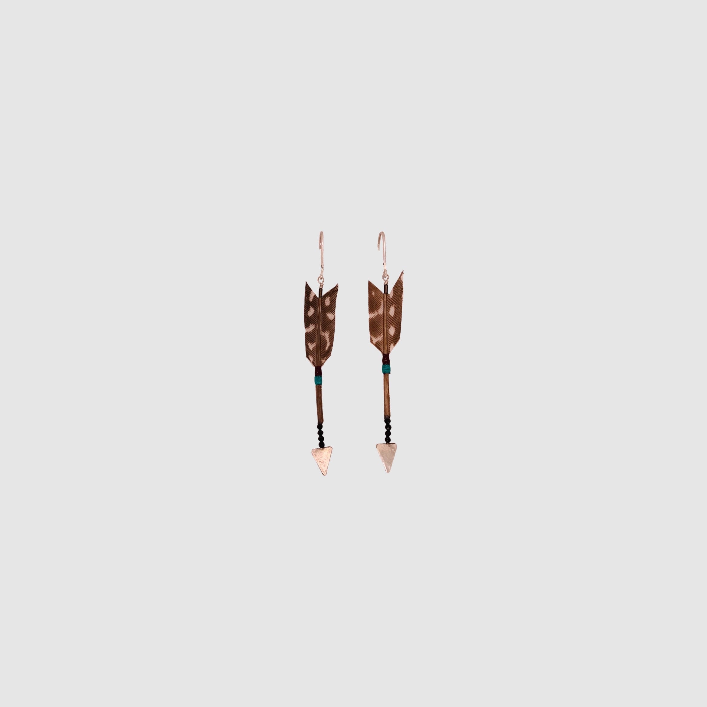 FEATHER ARROW EARRINGS // SPINEL // GUINEAFOWL FEATHER // SILVER