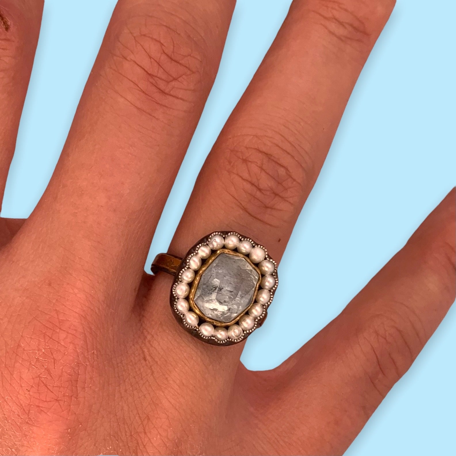 HEIRLOOM RING // PEARL // ROSECUT LIGHT BLUE AQUAMARINE