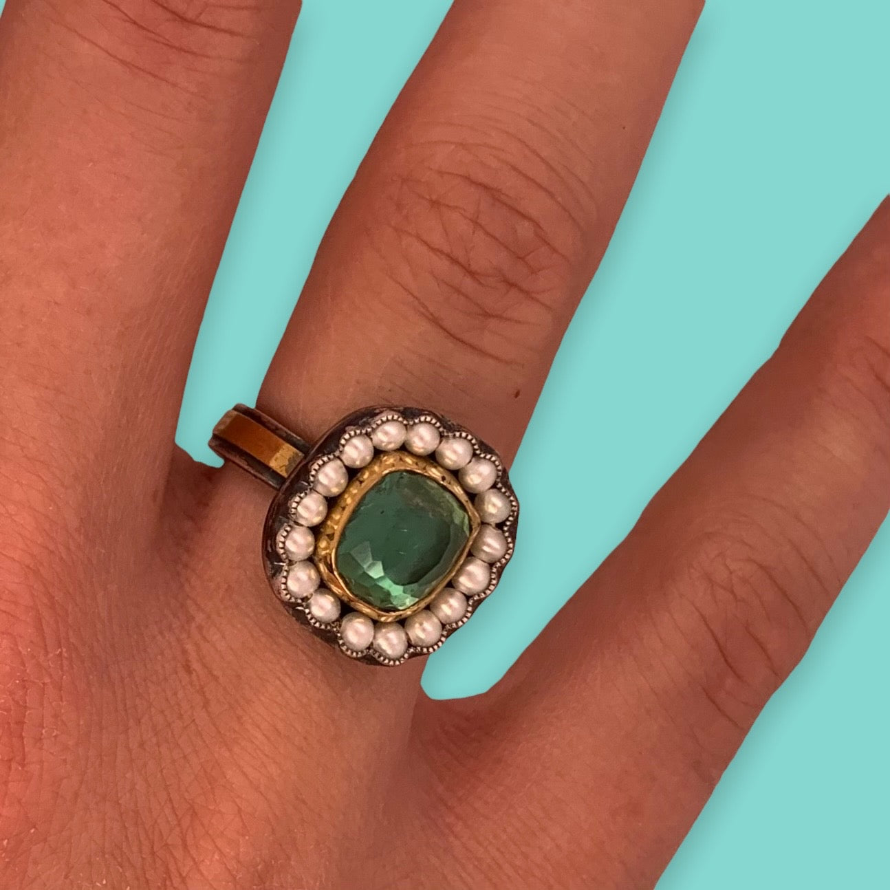 HEIRLOOM RING // PEARL // ROSECUT GREEN TOURMALINE