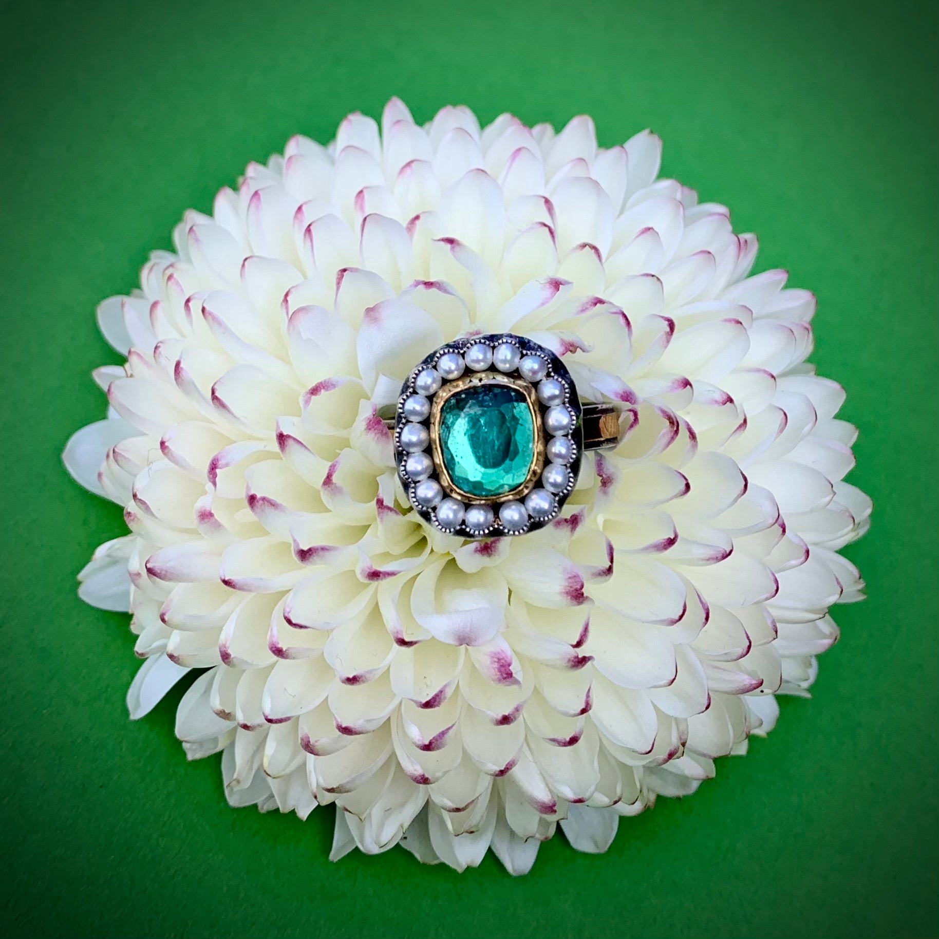 HEIRLOOM RING // PEARL // ROSECUT GREEN TOURMALINE