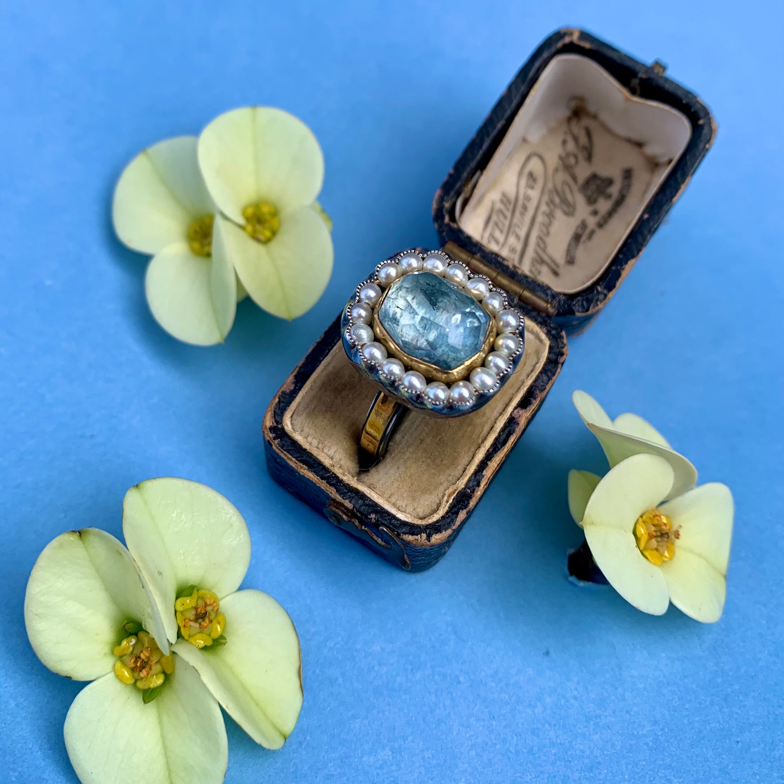 HEIRLOOM RING // PEARL // ROSECUT LIGHT BLUE AQUAMARINE