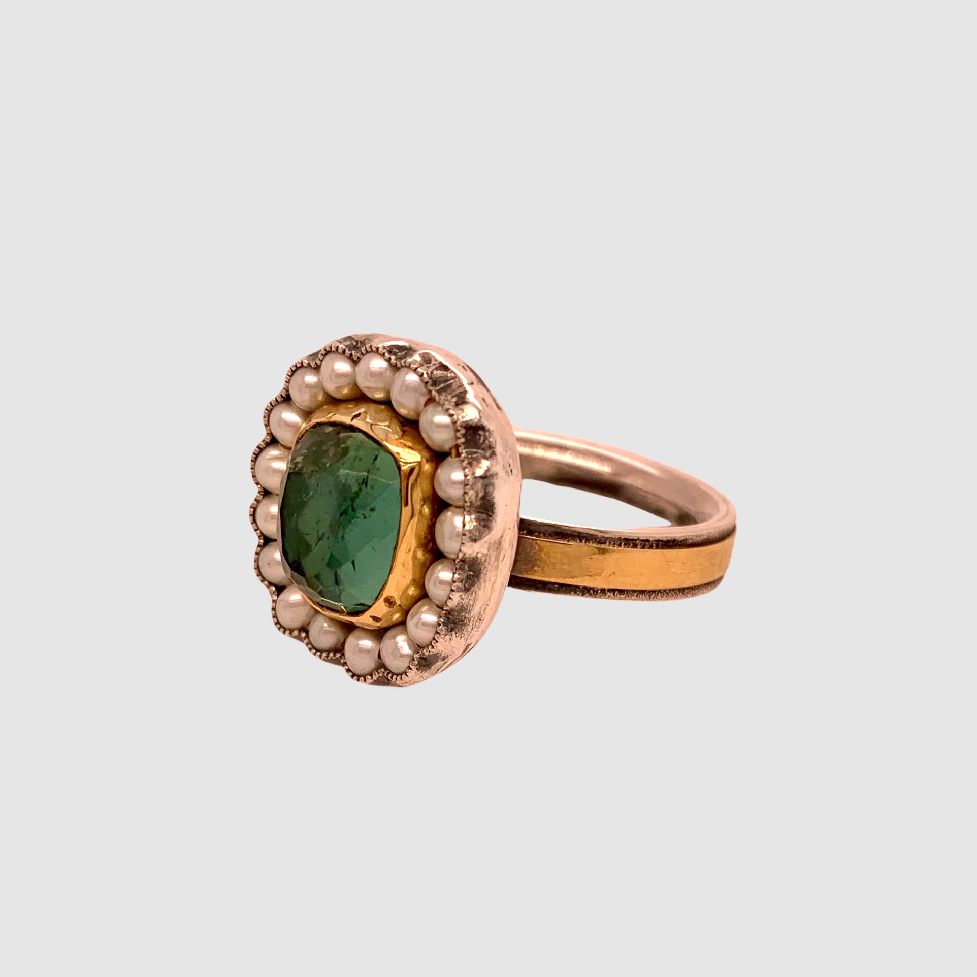 HEIRLOOM RING // PEARL // ROSECUT GREEN TOURMALINE