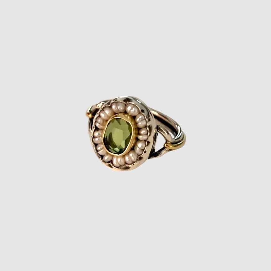 HEIRLOOM RING // PEARLS // OLIVE GREEN TURMALINE