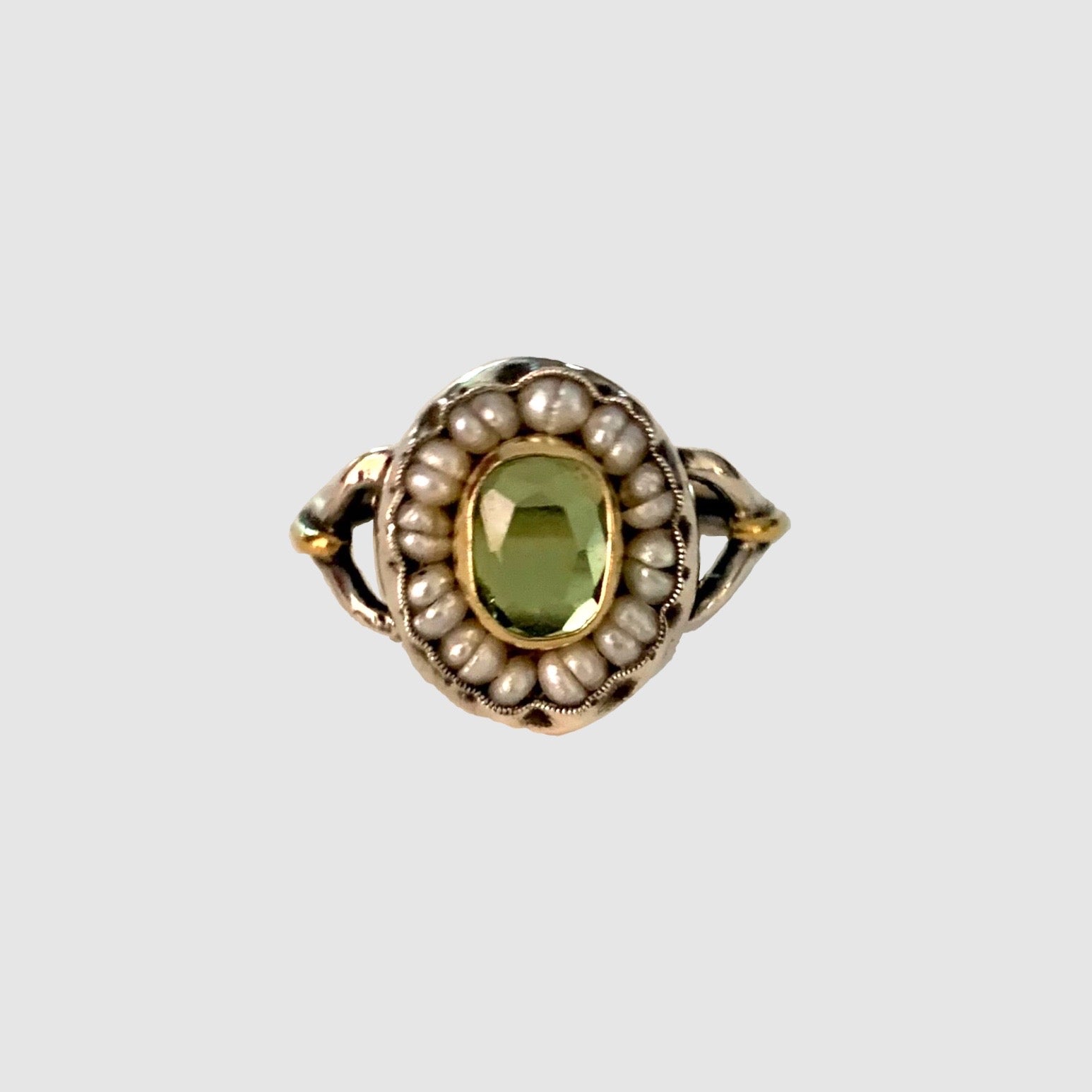 HEIRLOOM RING // PEARLS // OLIVE GREEN TURMALINE