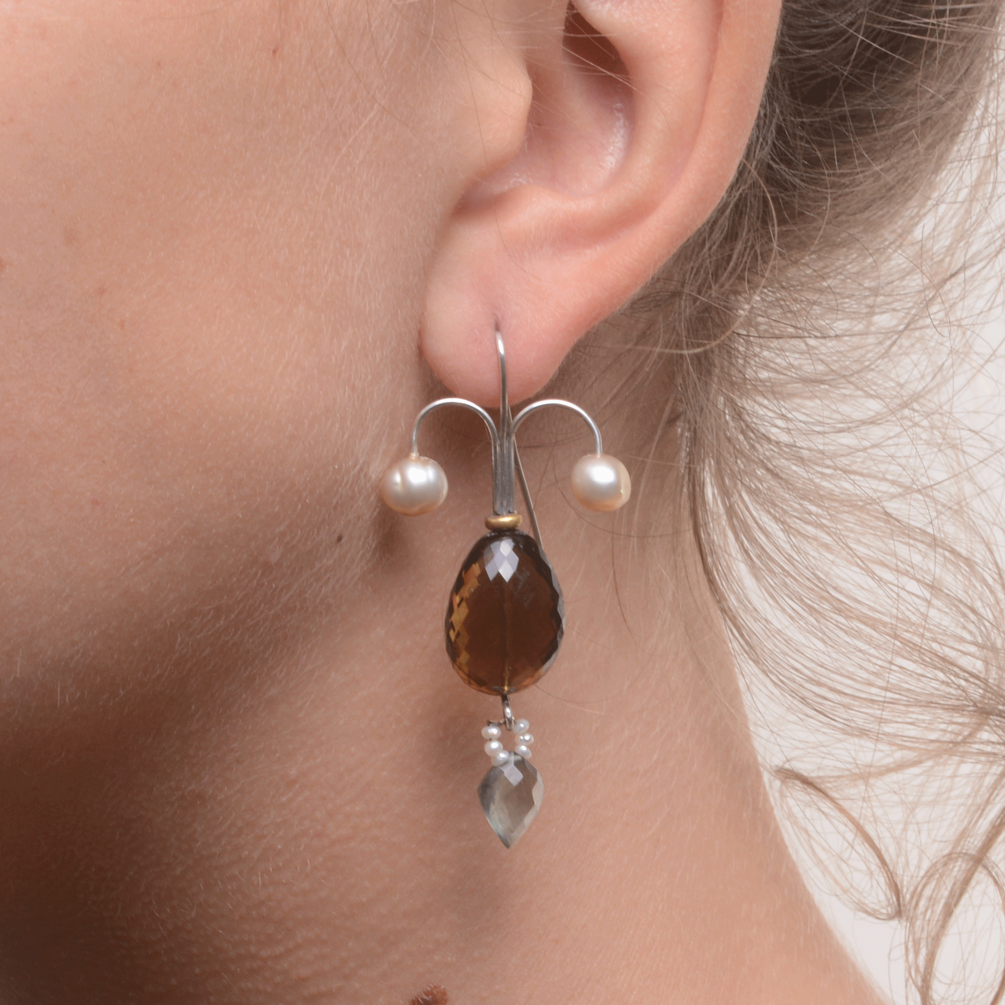 FIONA // PEARL, COGNAC QUARTZ & MOSS AQUAMARINE EARRINGS