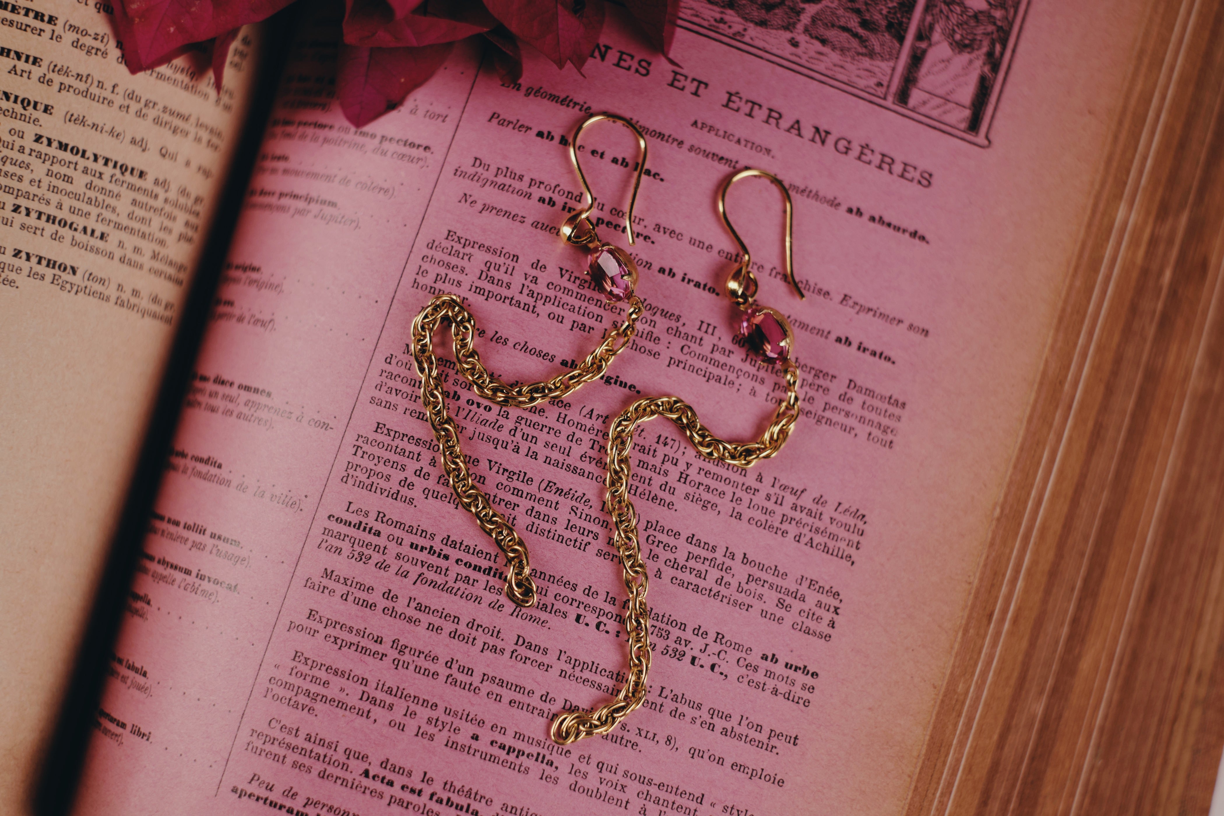 vermeil french wires with swarovski crystal drop and brass chain drop earrings handmade in Tucson by Tasha Bundy sitting on a book with some pinkish tint