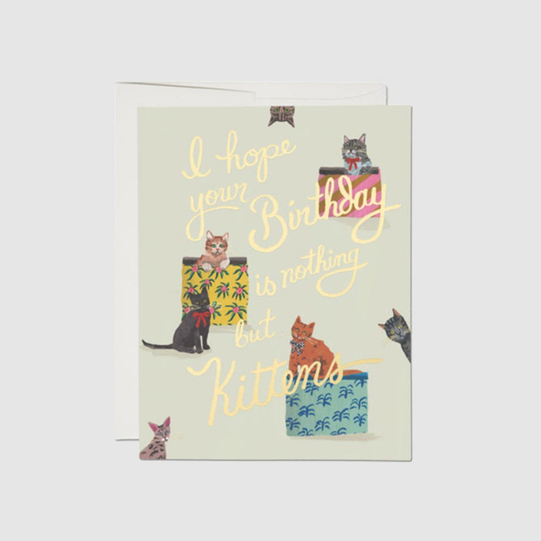 Front view of a greeting card with images of kittens in various colorful boxes with the words "I hope your birthday is nothing but kittens" written in gold cursive