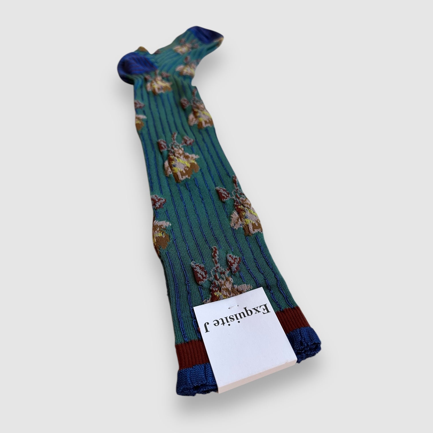 NEW ~ EXQUISITE J SOCKS // VICTOR,VICTORIA // TEAL WITH PALE PINK FLOWER, ROYAL BLUE TOE// TALL