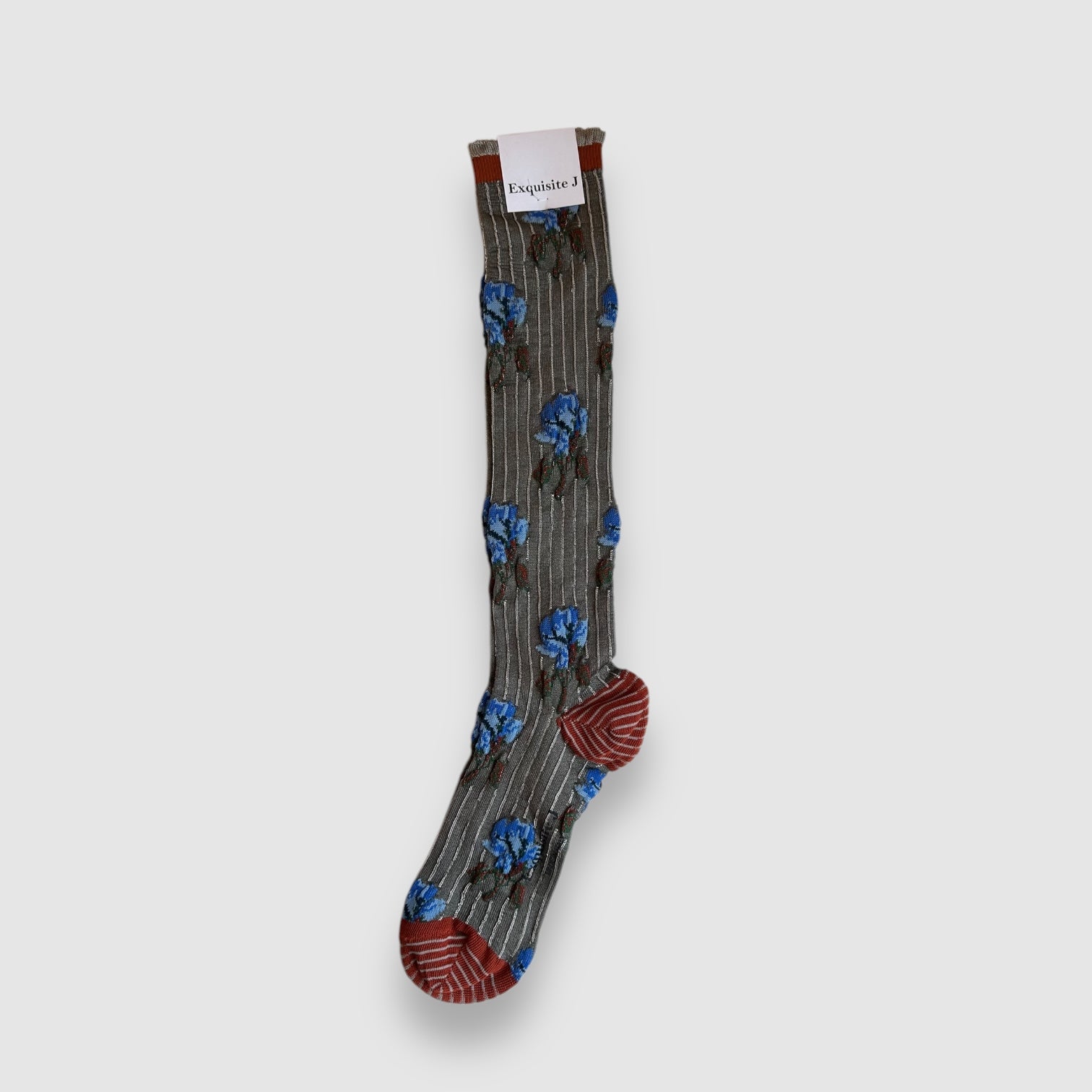 NEW ~ EXQUISITE J SOCKS // VICTOR,VICTORIA // GREY, BLUE FLOWER, RUST TOE// TALL