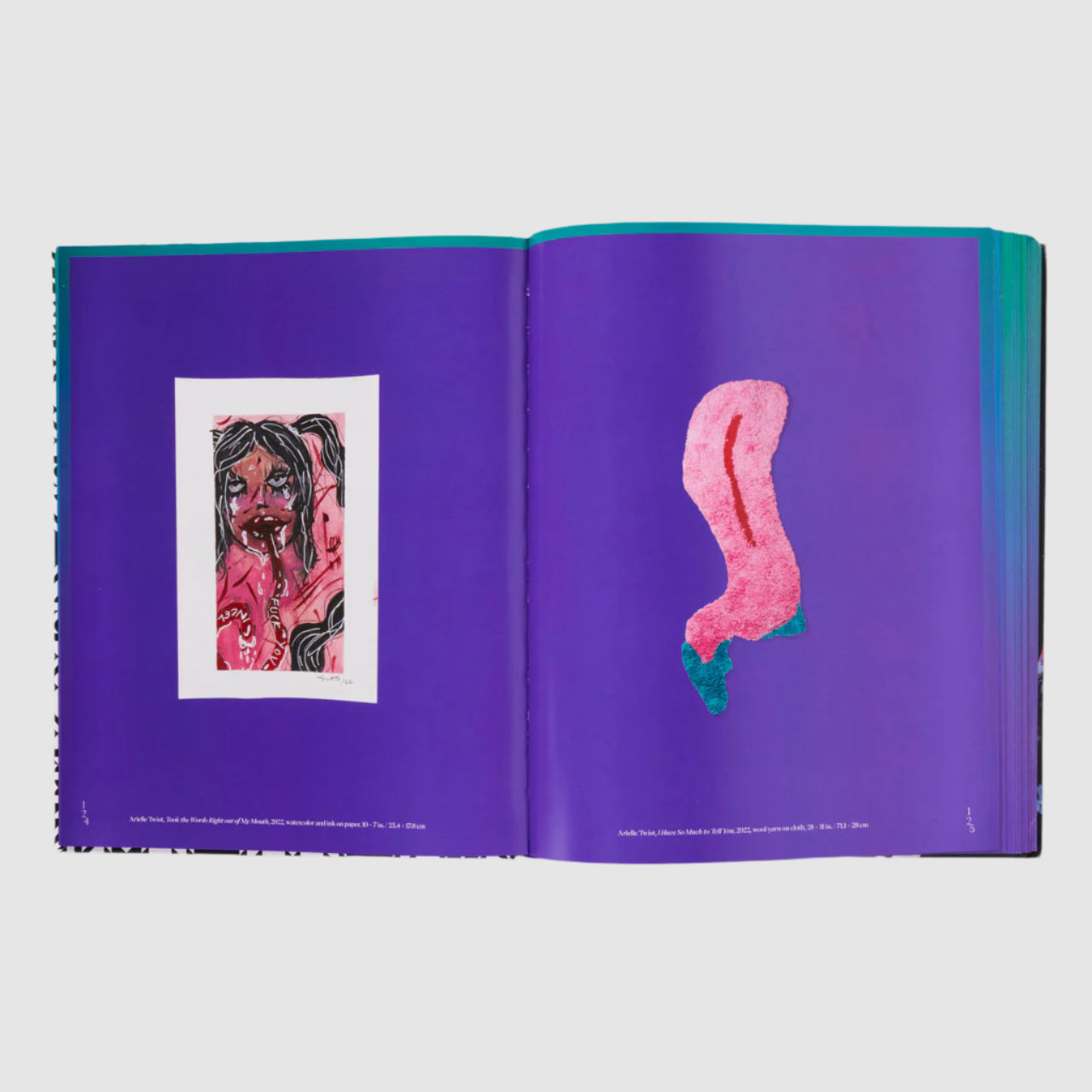 Open book with purple pages displaying a pink illustration and a smaller image of a person.