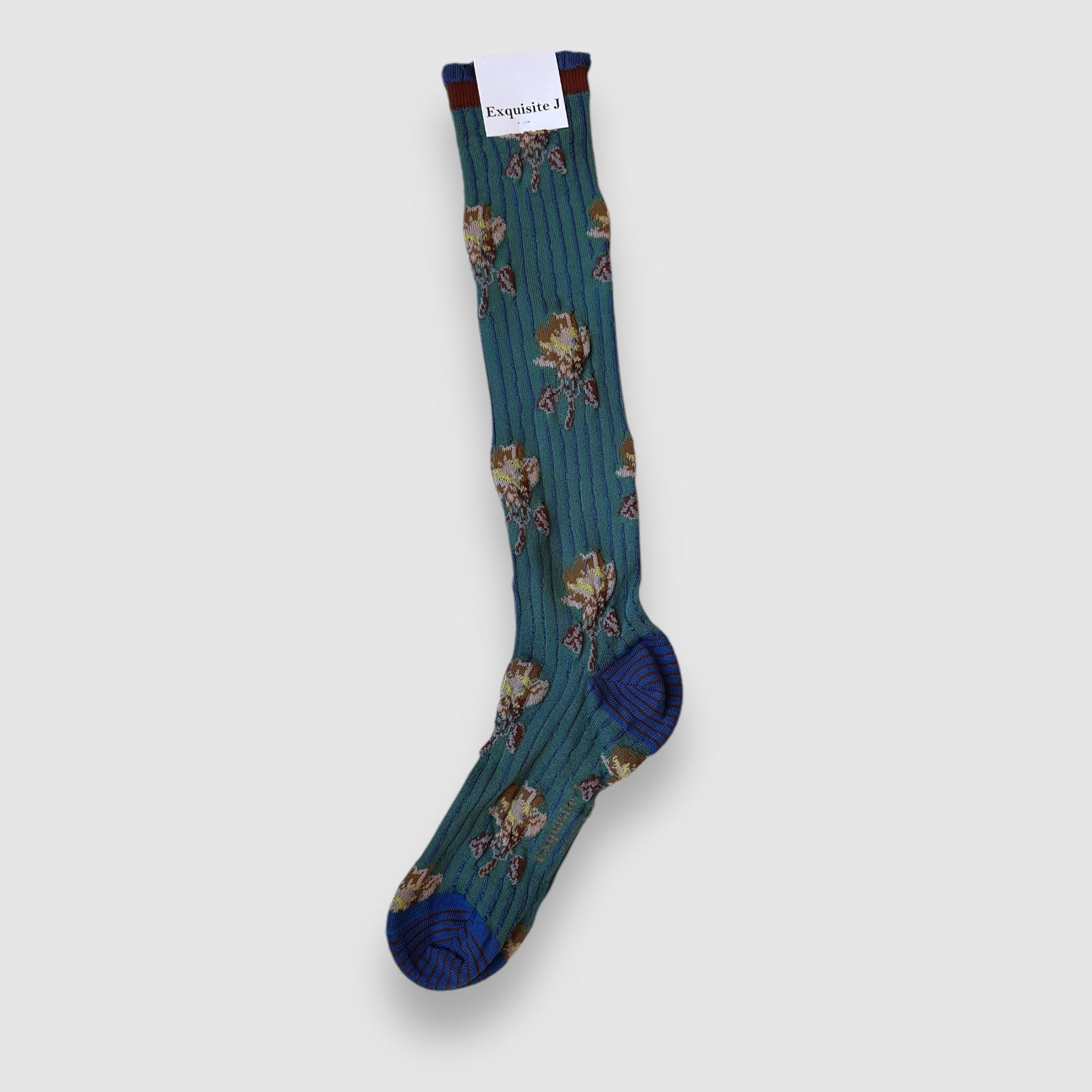 NEW ~ EXQUISITE J SOCKS // VICTOR,VICTORIA // TEAL WITH PALE PINK FLOWER, ROYAL BLUE TOE// TALL