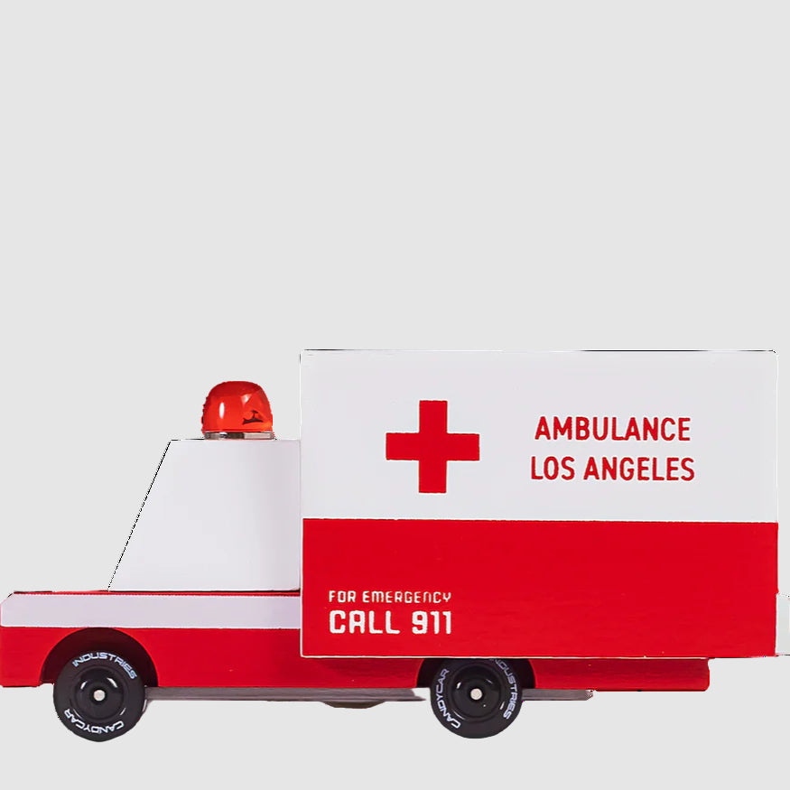 Toy ambulance with 'Los Angeles' text on a white background