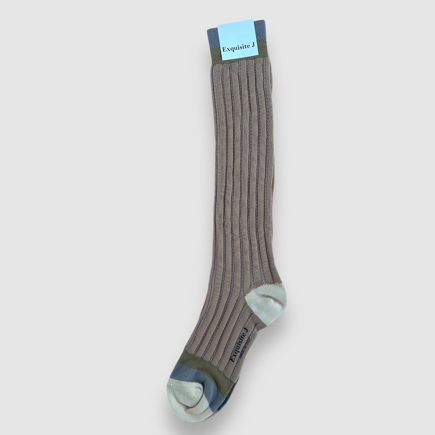 TALL MEDIUM WEIGHT RIBBED TAN SOCKS WITH WHITE TOE, STEEL BLUE AND KHAKI GREEN ACCENT AT TOP AND TOE.