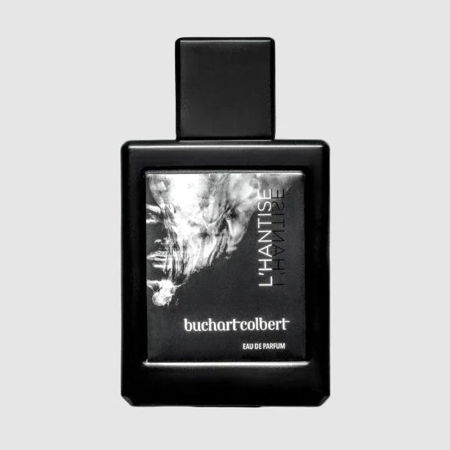 Black Buchart Colbert, L'Hantise 50mL perfume bottle on a light gray background